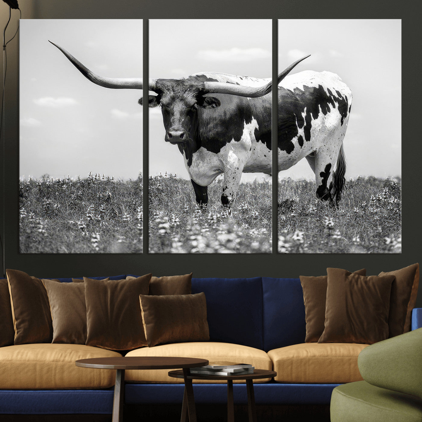 -Texas Black White Highland Longhorn Cow Wall Art Canvas Print