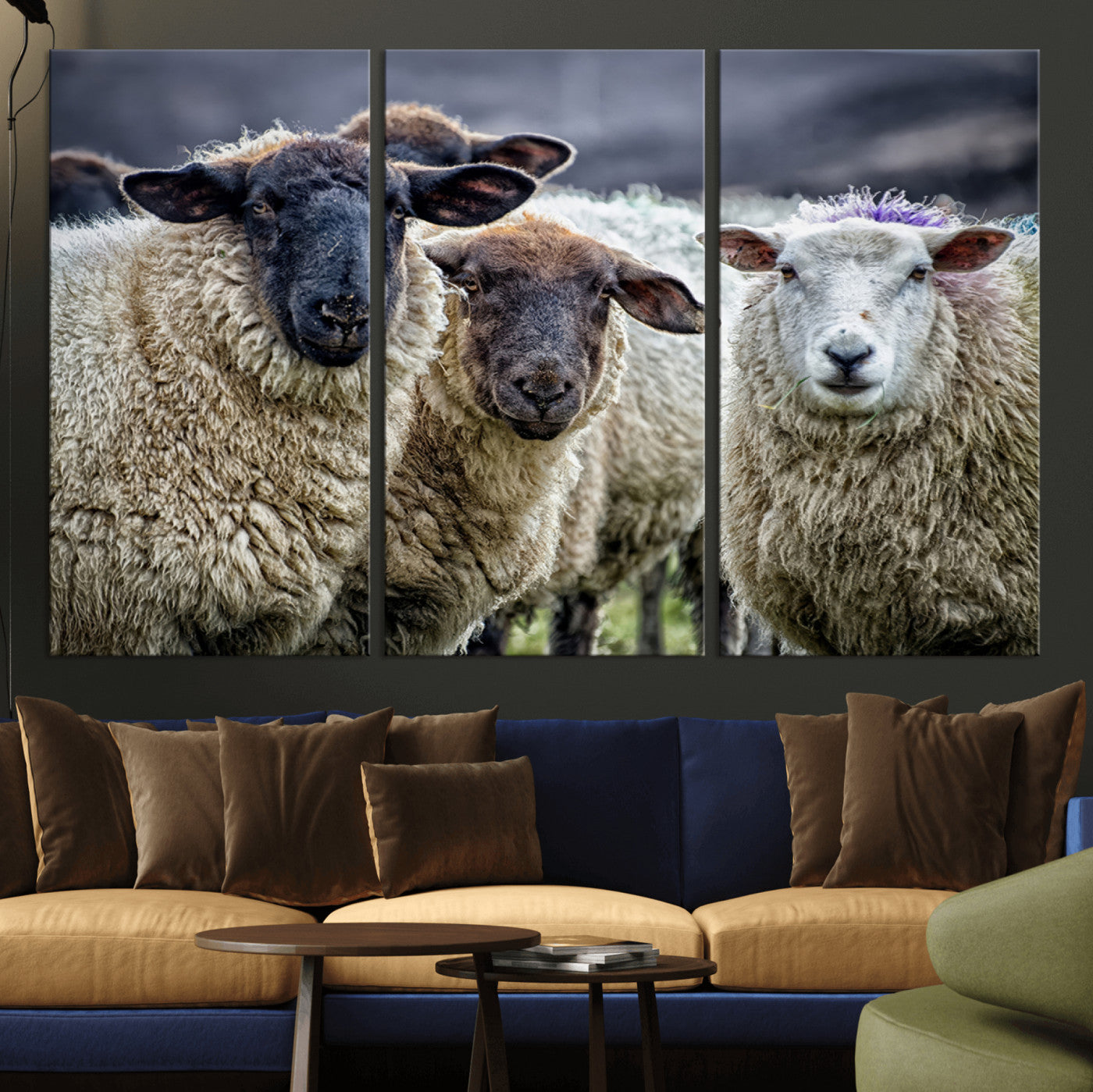 -Charming Sheep Portrait Wall Art – Trio of Woolly Companions Canvas Print, Framed, Ready to Hang
