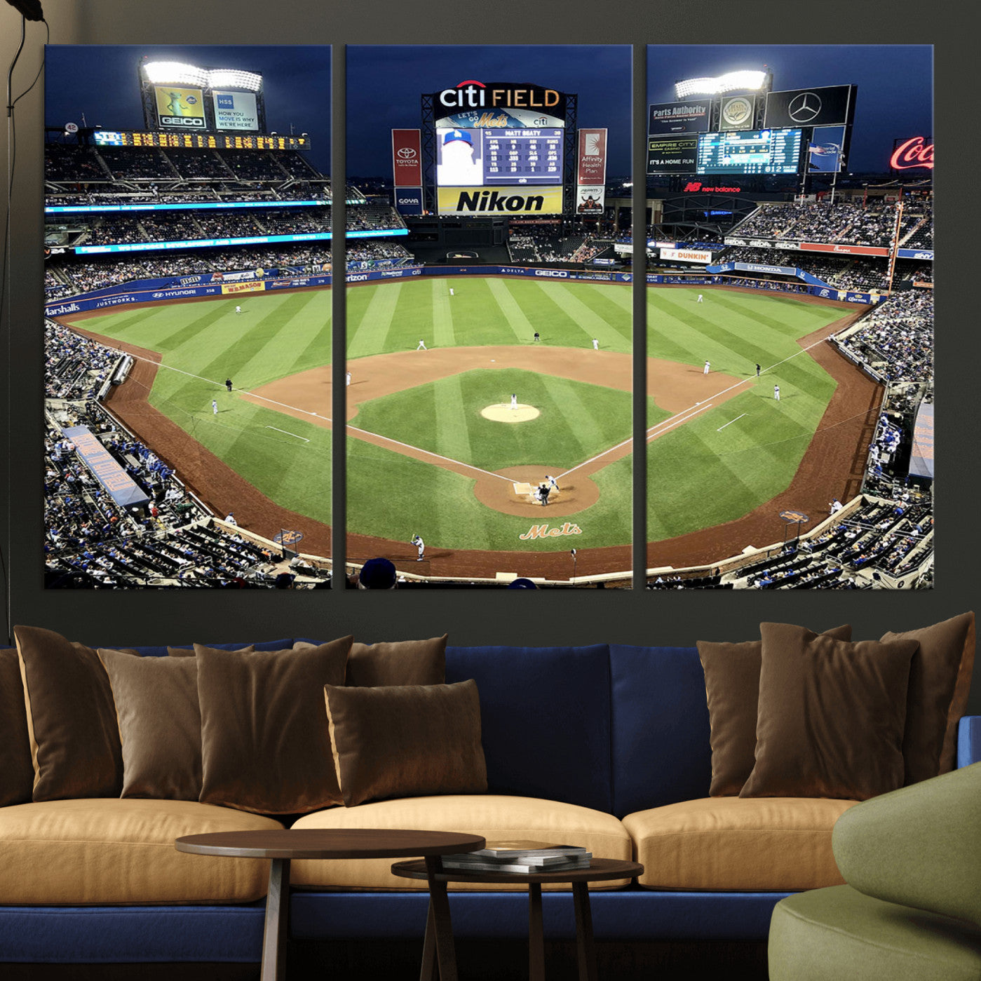 -Citi Field Wall Art Print | 3-Panel New York Mets Baseball Stadium Canvas Print | Framed Sports