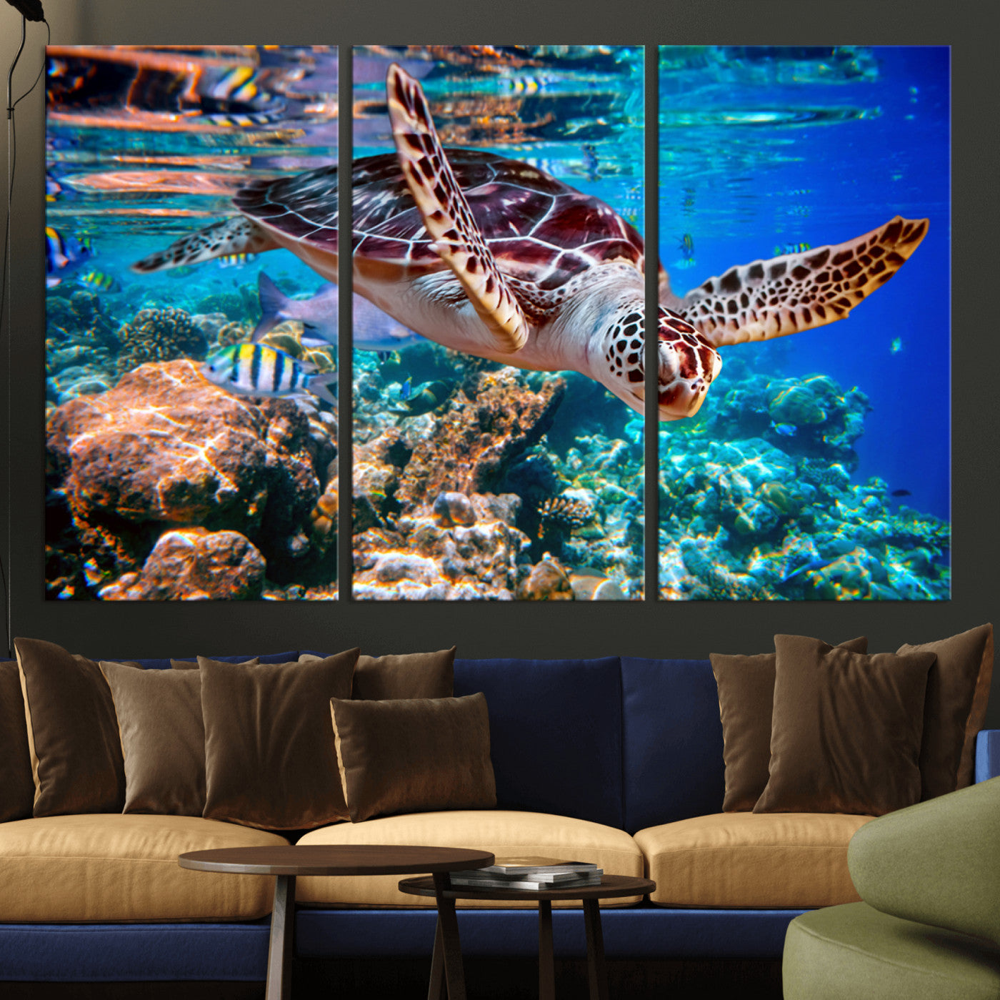 -Underwater Coral Reef Sea Turtle Wall Art Canvas Print, Vibrant Marine Life | Colorful Ocean Scene