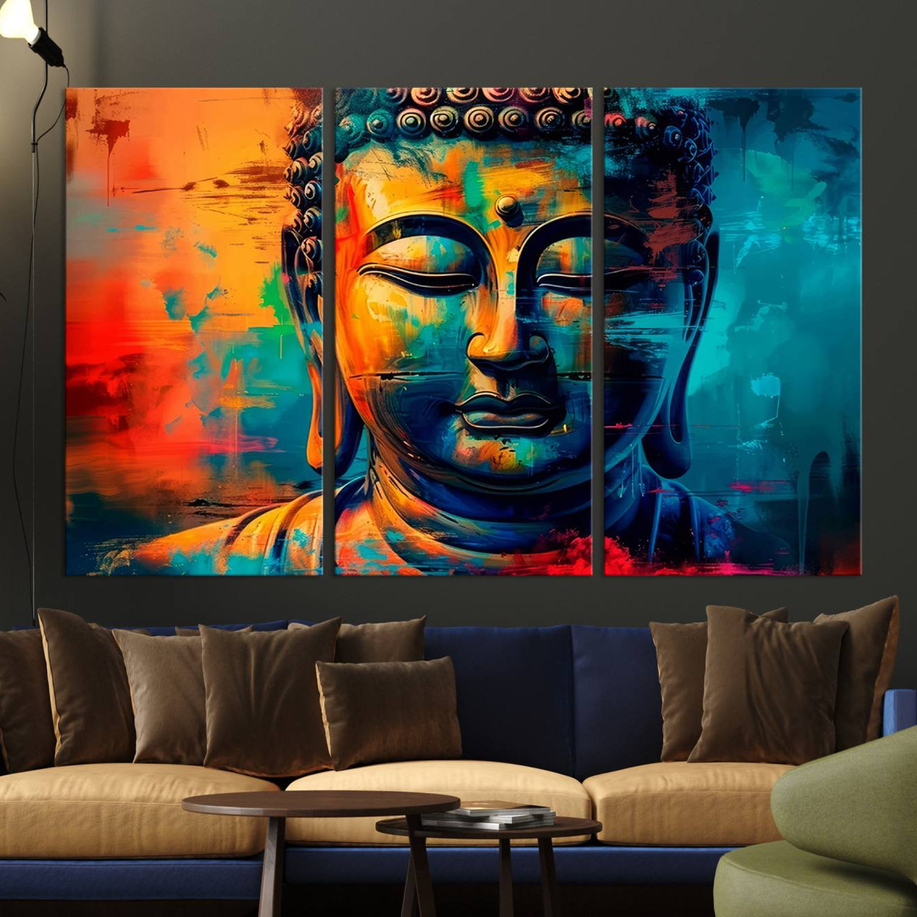 A vibrant, abstract artistic rendition of a Buddha statue face, blending bold and contrasting colors to evoke a sense of peace, spirituality, and enlightenment.