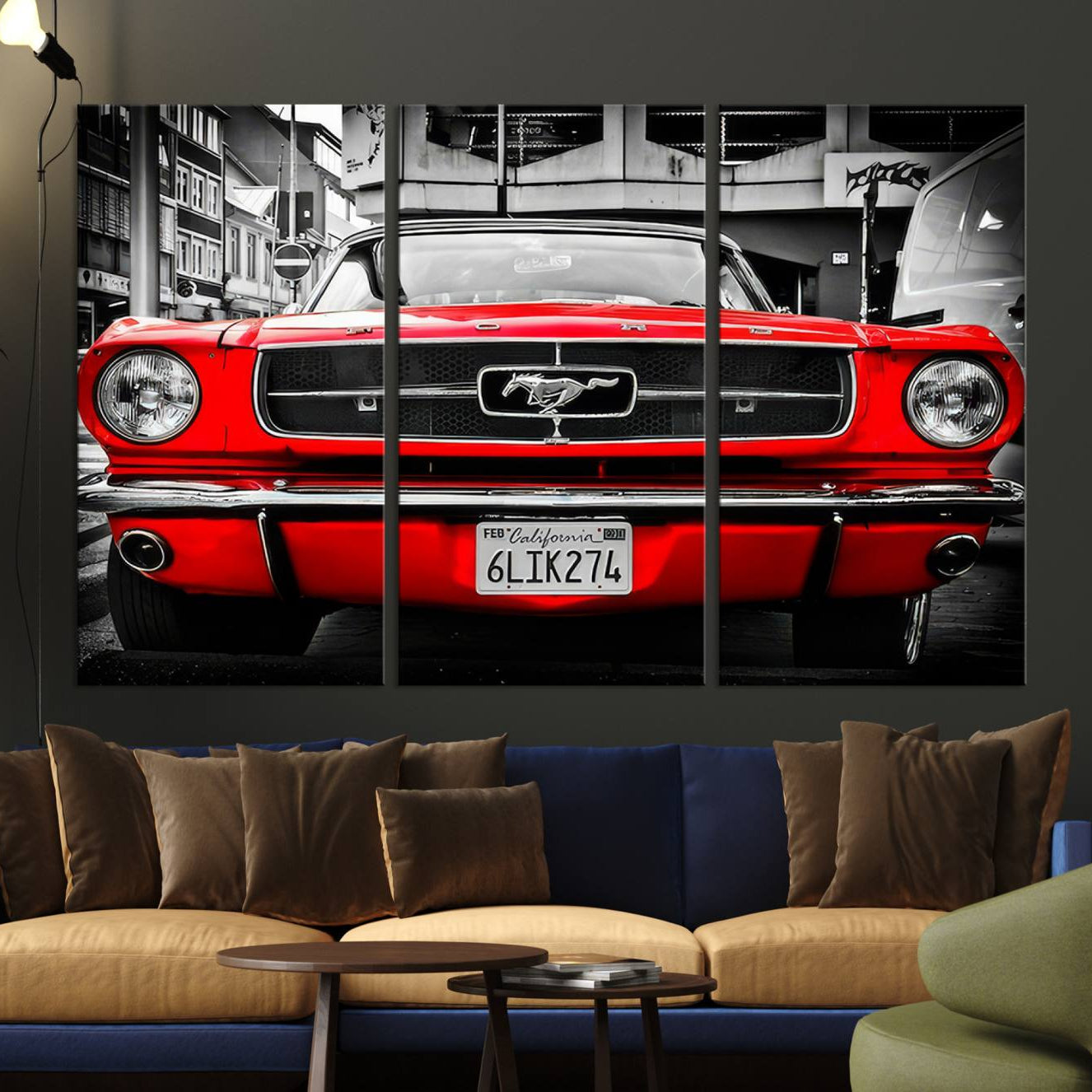20365-MGV-CV-48X32-3P-Red Mustang Car Wall Art – Framed Classic Vehicle Canvas Artwork, Black White Urban Design, Decor for Home, Office