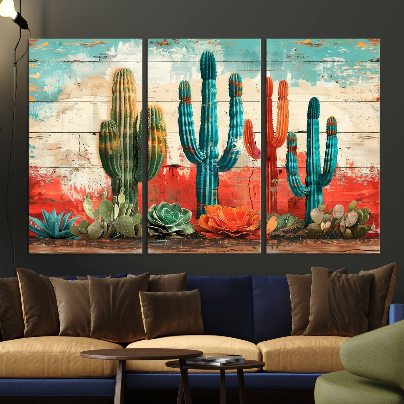 A vivid southwestern-style artwork featuring an eclectic mix of cacti and succulents painted against a textured, rustic wood backdrop in rich turquoise, red, and orange hues.