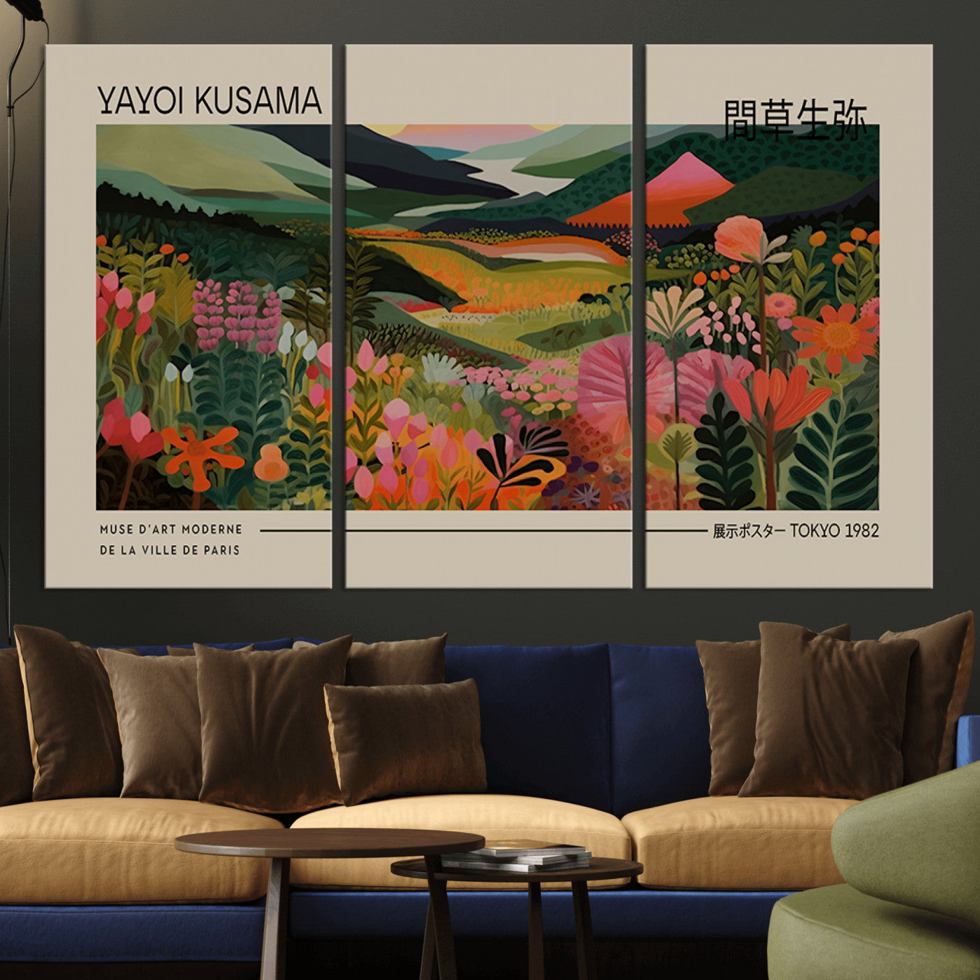 -Yayoi Kusama Landscape Canvas Print, Vibrant Floral Mountain Art Print, Botanical Flower Nature