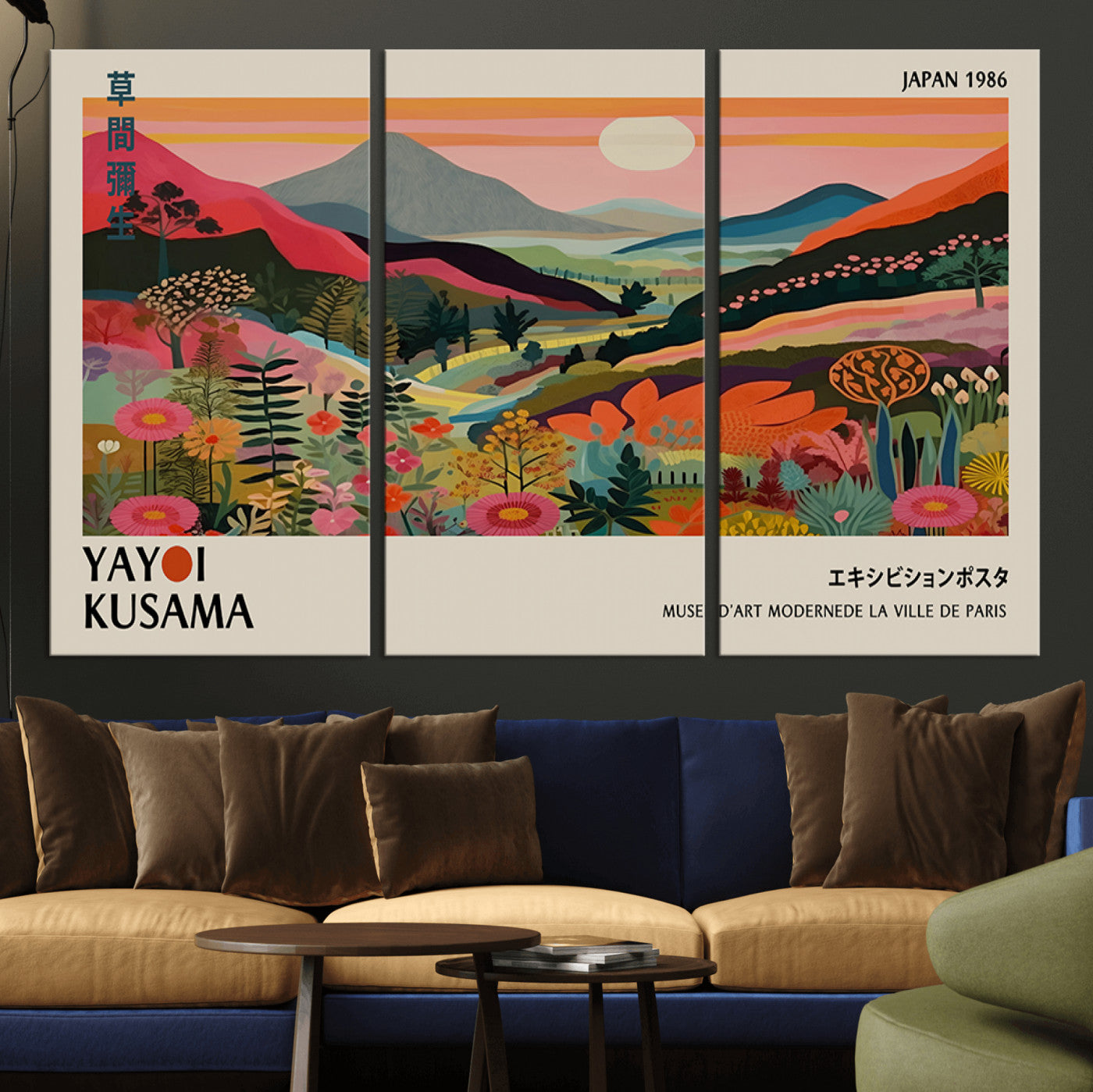 87360-MGV-FC-93X47-3P_Black-Yayoi Kusama Landscape Canvas Print, Vibrant Floral Mountain Art Print, Botanical Flower Nature