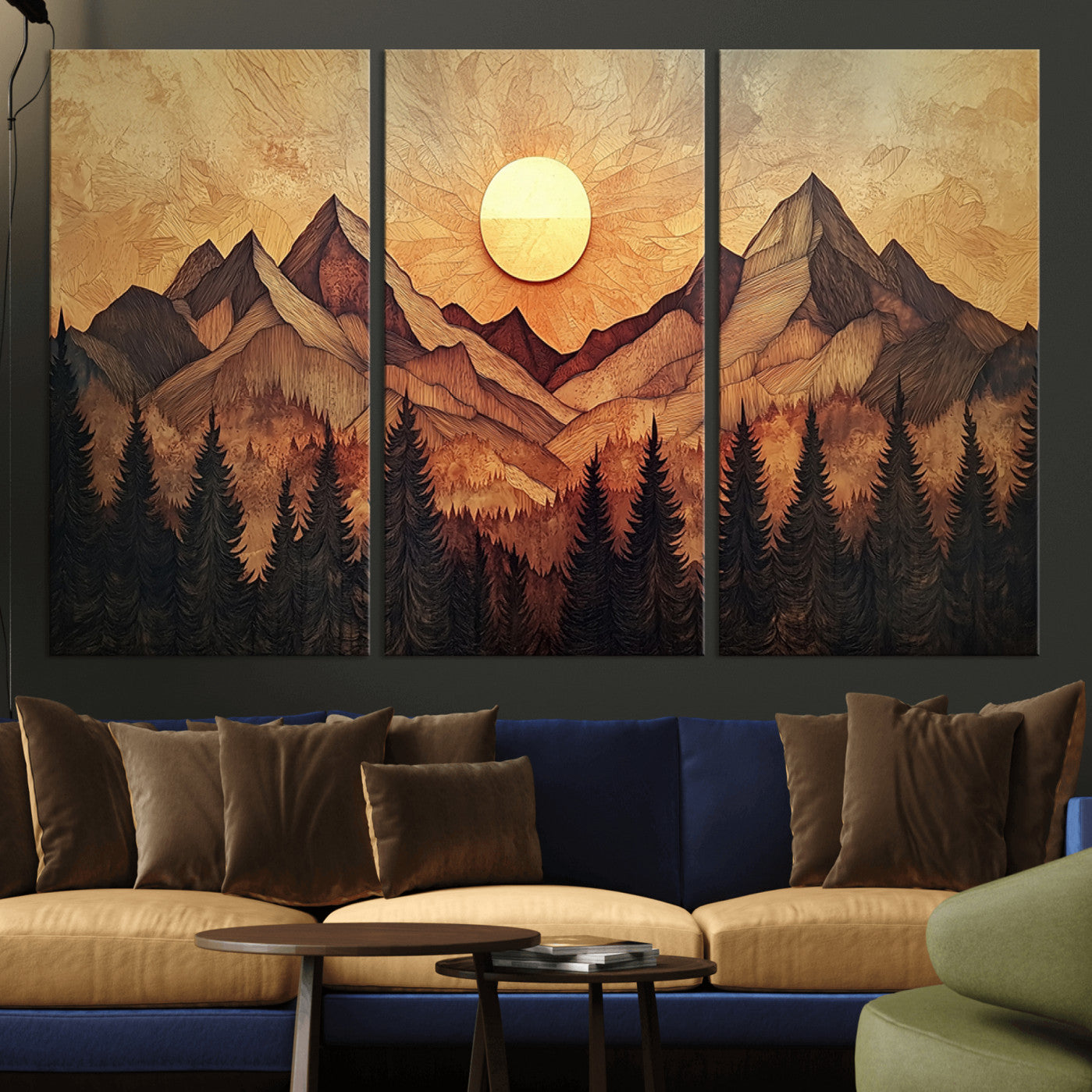 71340-MGV-CV-36X24-Wood Style Abstract Mountain Sunset Canvas Wall Art Print - Warm Earth Nature-Inspired Decor for