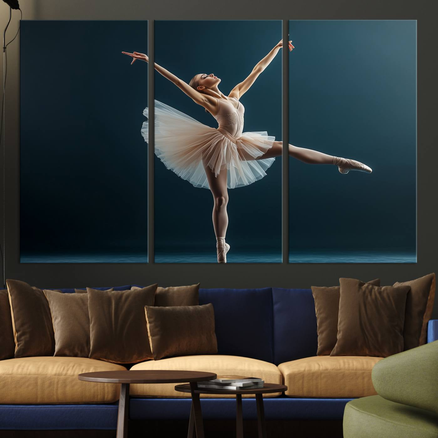 An elegant ballerina captured mid-pose on pointe, radiating grace and strength in a perfectly lit studio setting, her tutu fanned out in delicate symmetry.