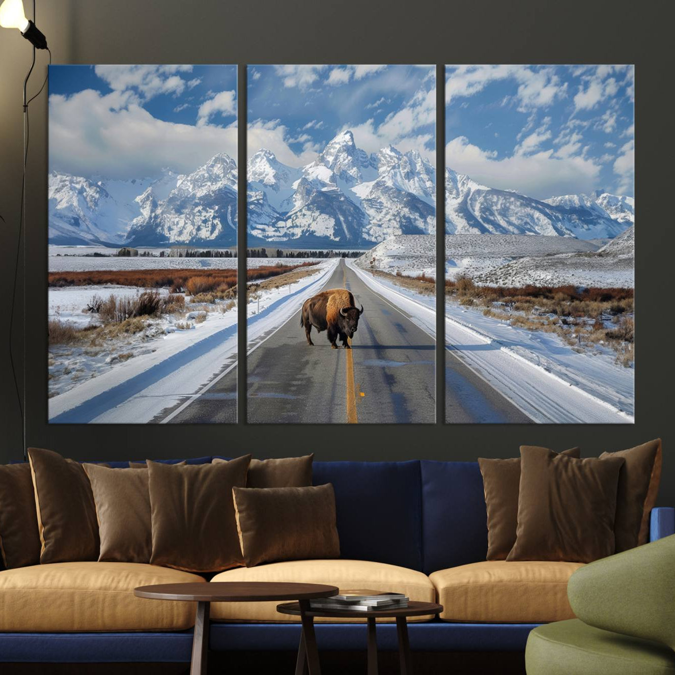 A powerful bison stands on a snow-dusted road beneath the towering peaks of the Grand Tetons, capturing the untamed beauty of America's winter wilderness.