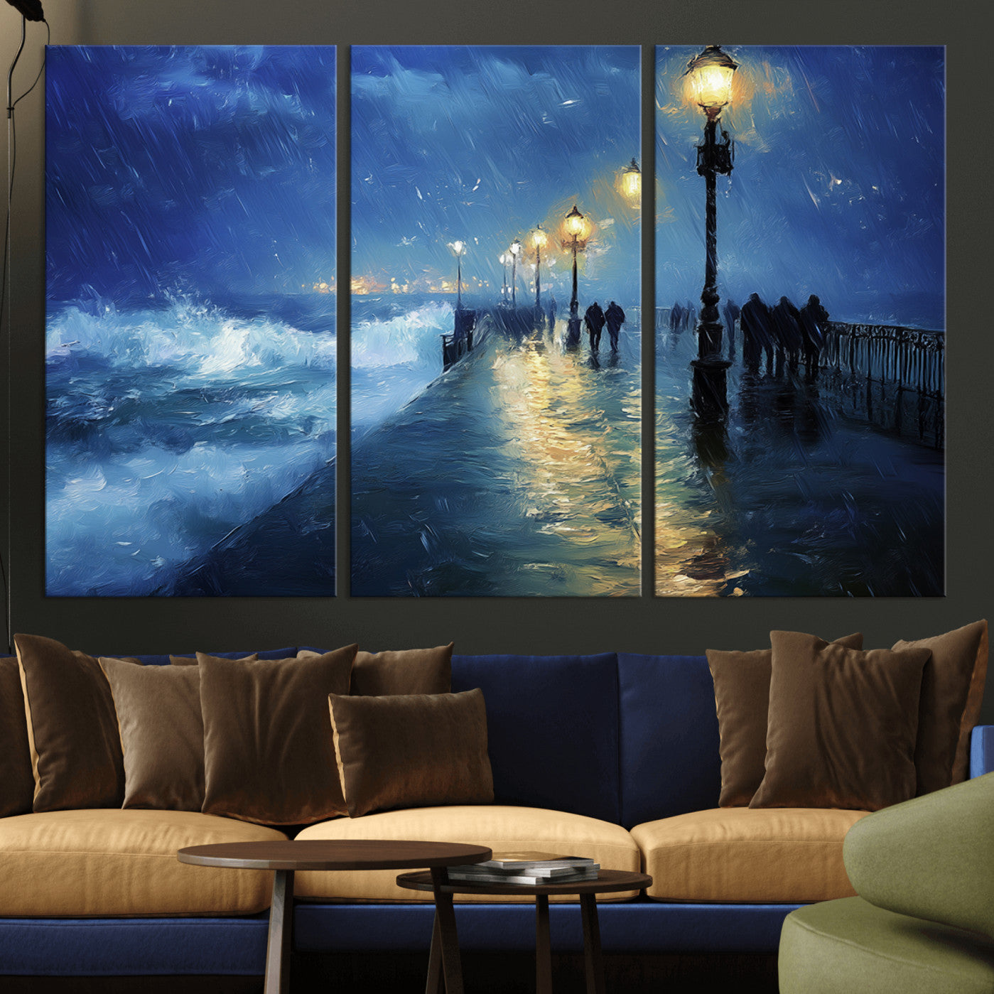 76572-MGV-CV-36X24-Abstract Stormy Ocean Pier Canvas Wall Art Print | Stormy Ocean Art | Large Moody Night Scene Print,