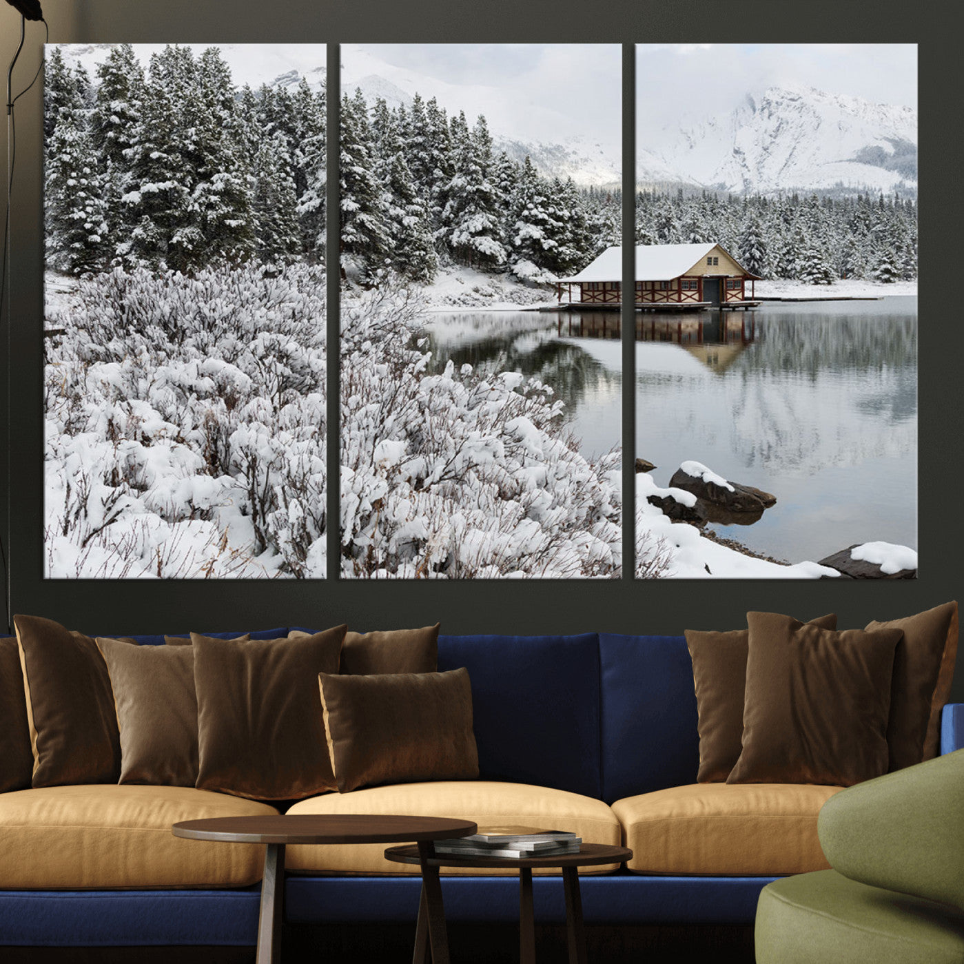 -Winter Wall Art - Cabin by the Lake Canvas Wall Art - Serene Snowy Landscape with Mountain View,
