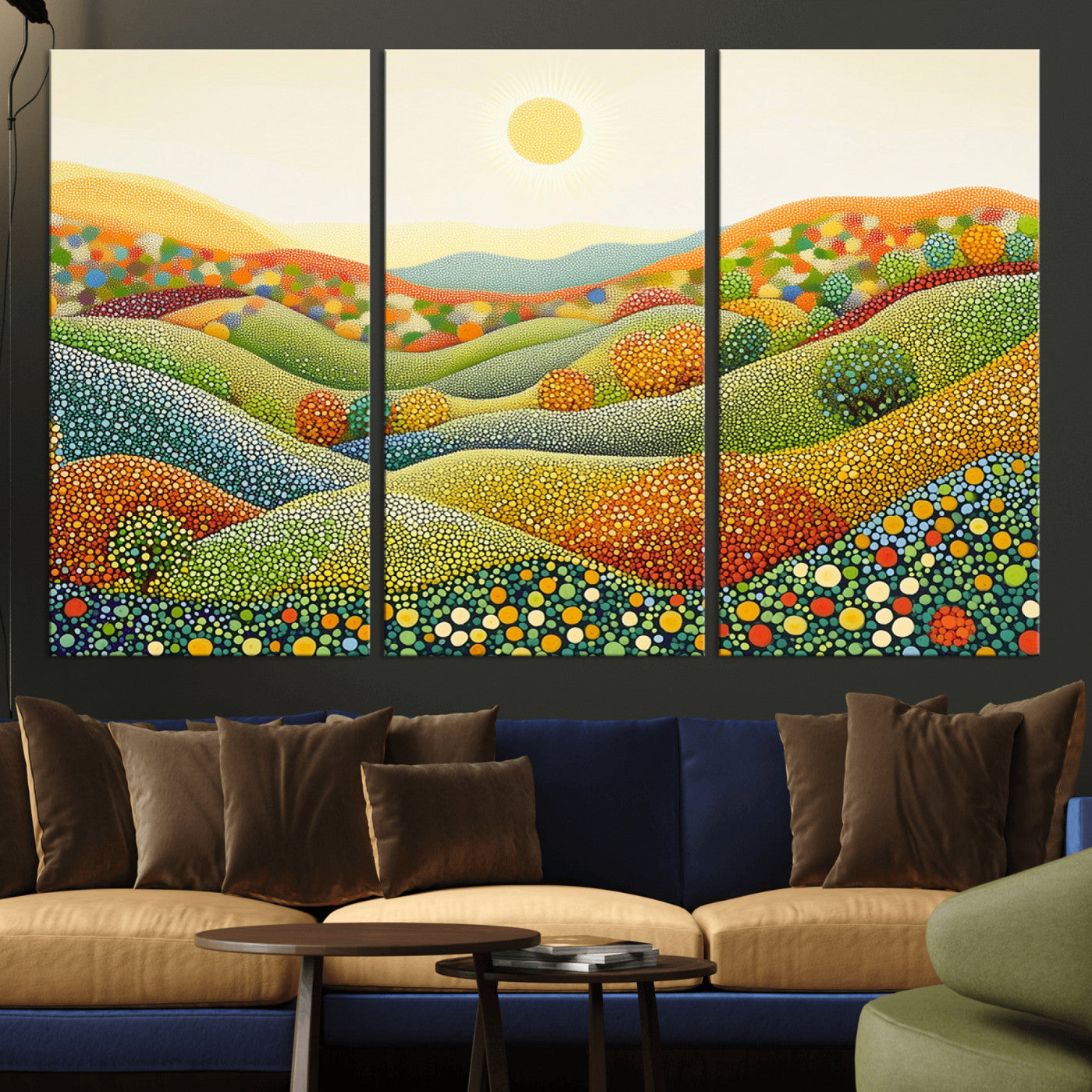 -YAYOI KUSAMA Wall Art - Colorful Dot Art Landscape Canvas, Framed Japanese Dot Art