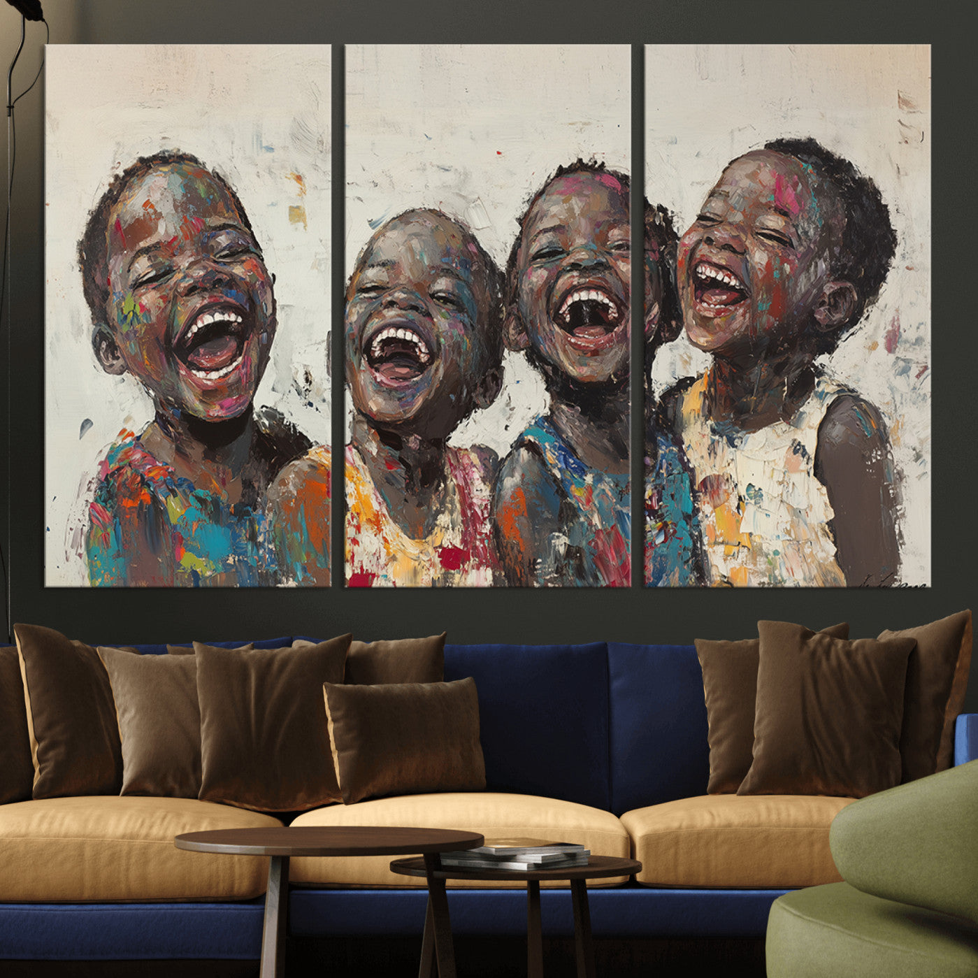 85256-MGV-CV-36X24-Shai Yossef Print - Joyful Childhood Canvas Wall Art - Expressive Impasto Painting of Laughing