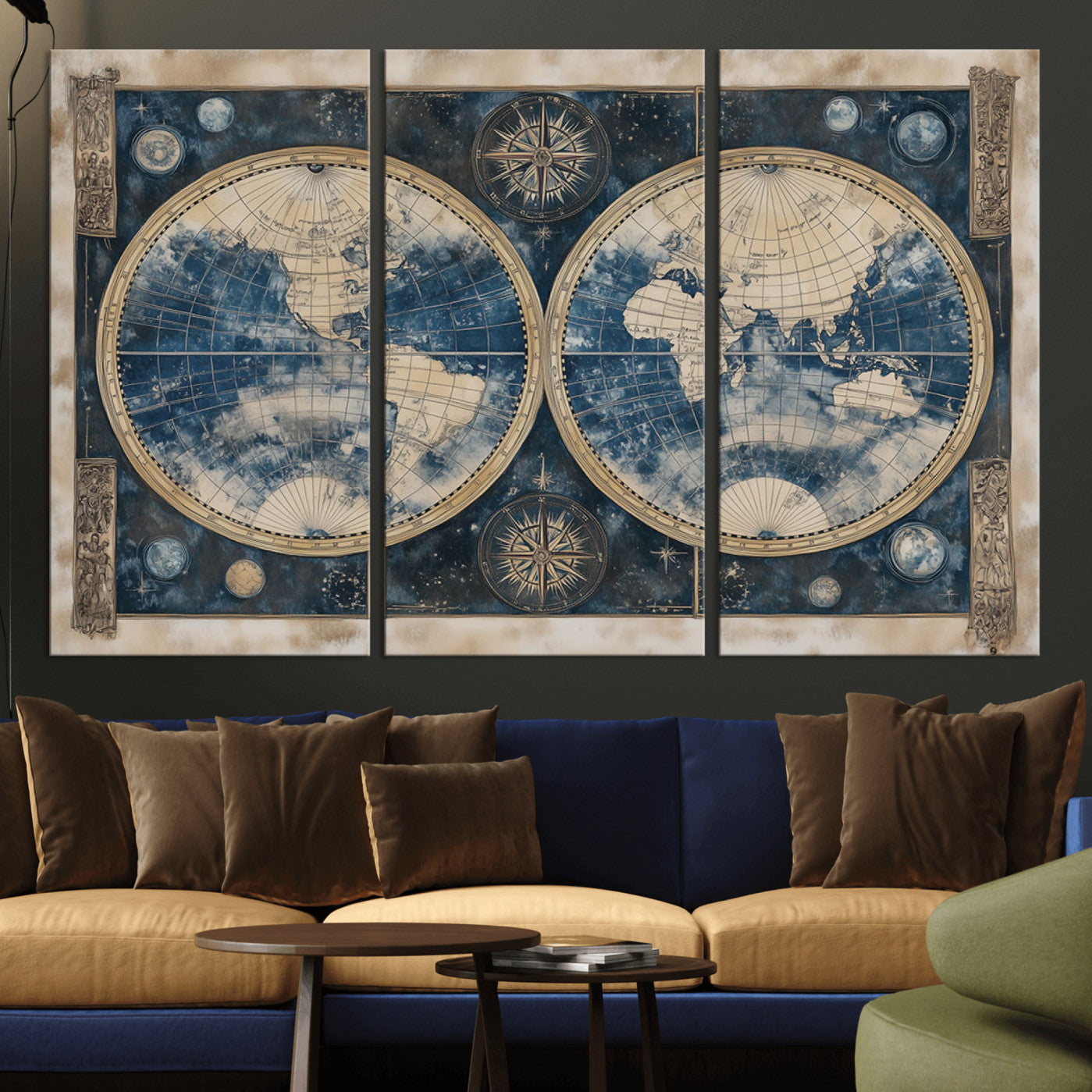 -Framed Vintage Blue World Map Canvas Print – Antique Double Hemisphere Wall Art for Home and Office Decor, Classic Explorer Map Artwork