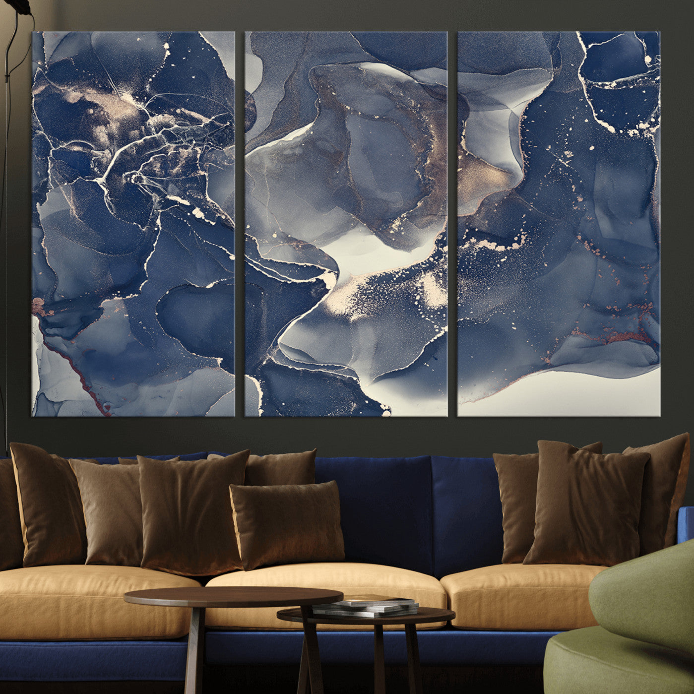 28282-MGV-CV-36X24-Large Abstract Blue and Gold Canvas Wall Art | Fluid Ink Artwork Print | Luxury Wall Decor for