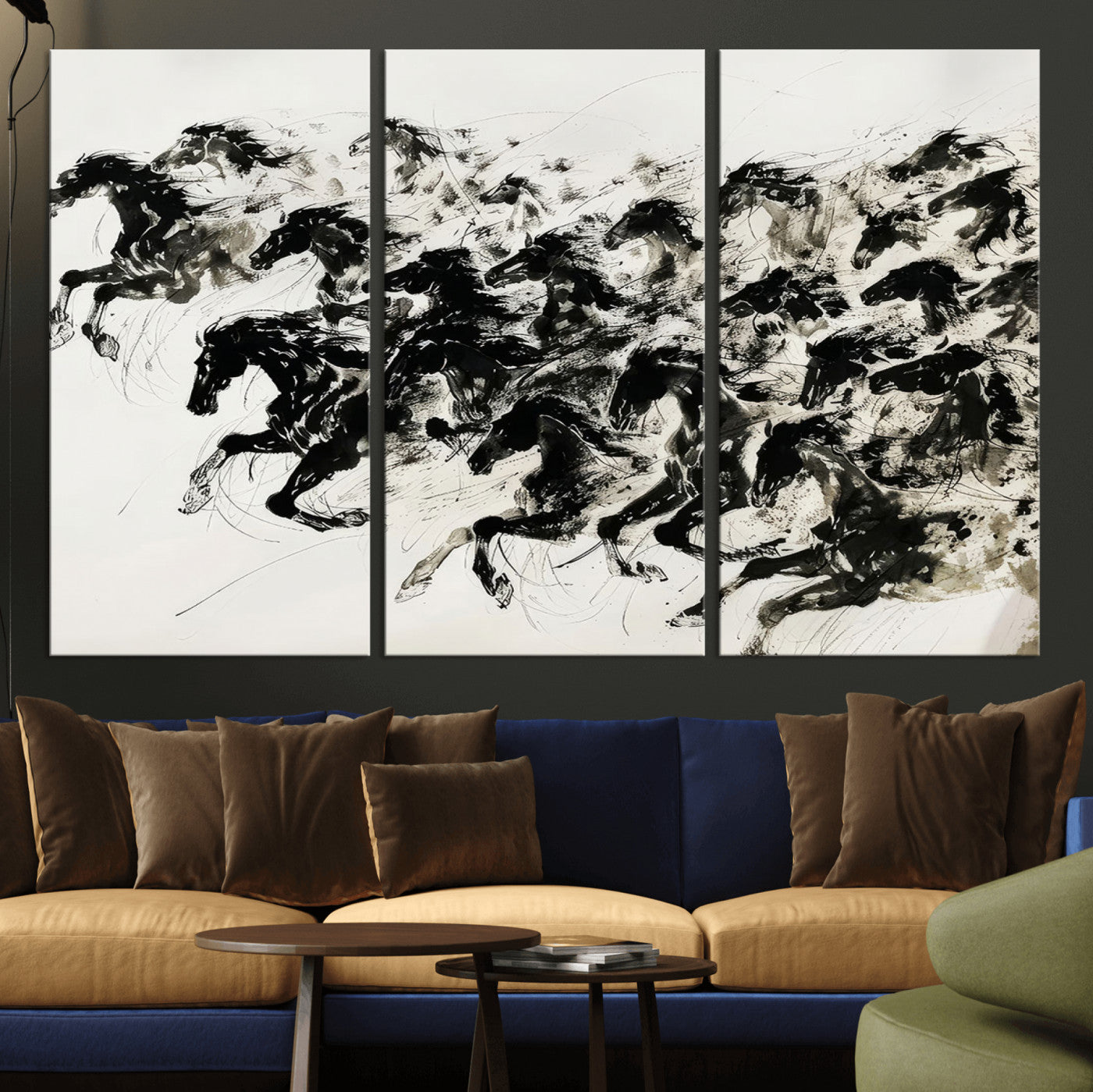 MGV-CV-48X32-3P - Abstract Horse Wall Art Canvas Print - Dynamic Black Ink Horse Print - Modern Equine Wall Decor for