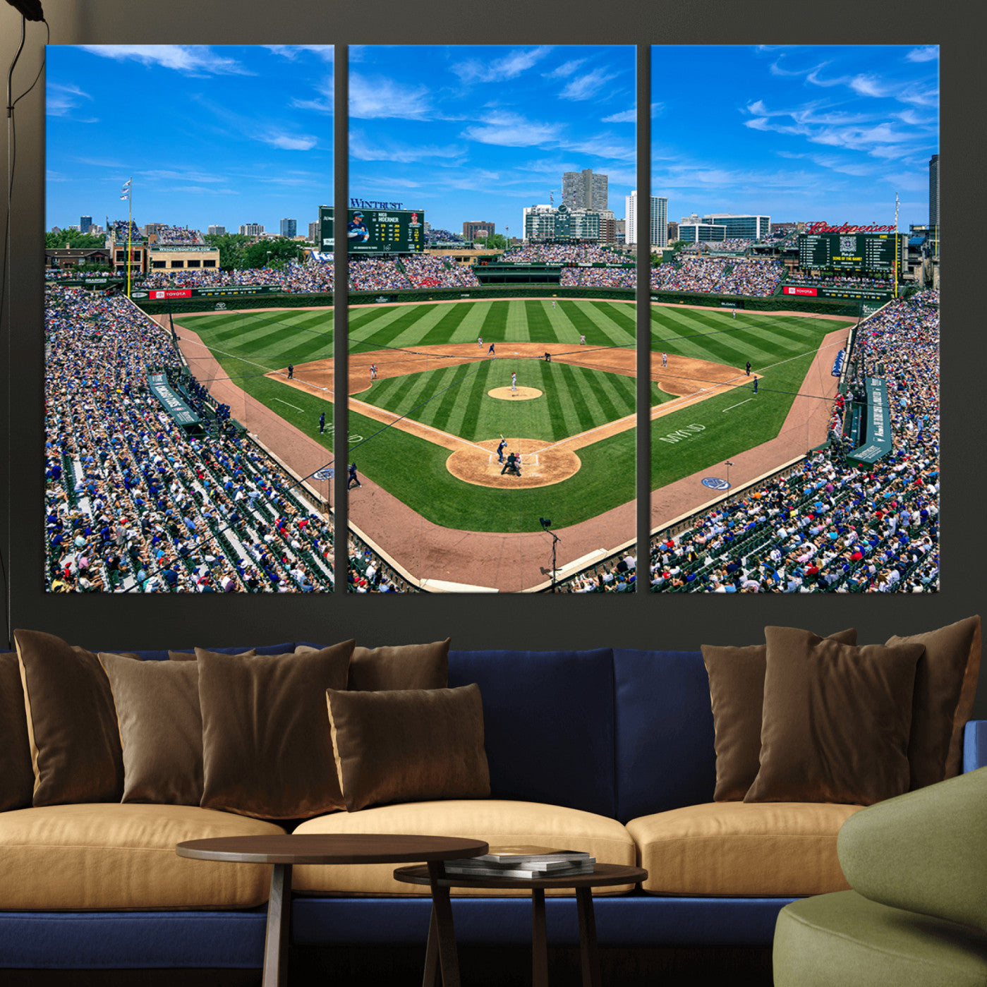 26064-MGV-CV-36X24-Framed Wrigley Field Chicago Cubs Canvas Print – Panoramic Multi-Piece Iconic Baseball Stadium Wall Art for Home, Office