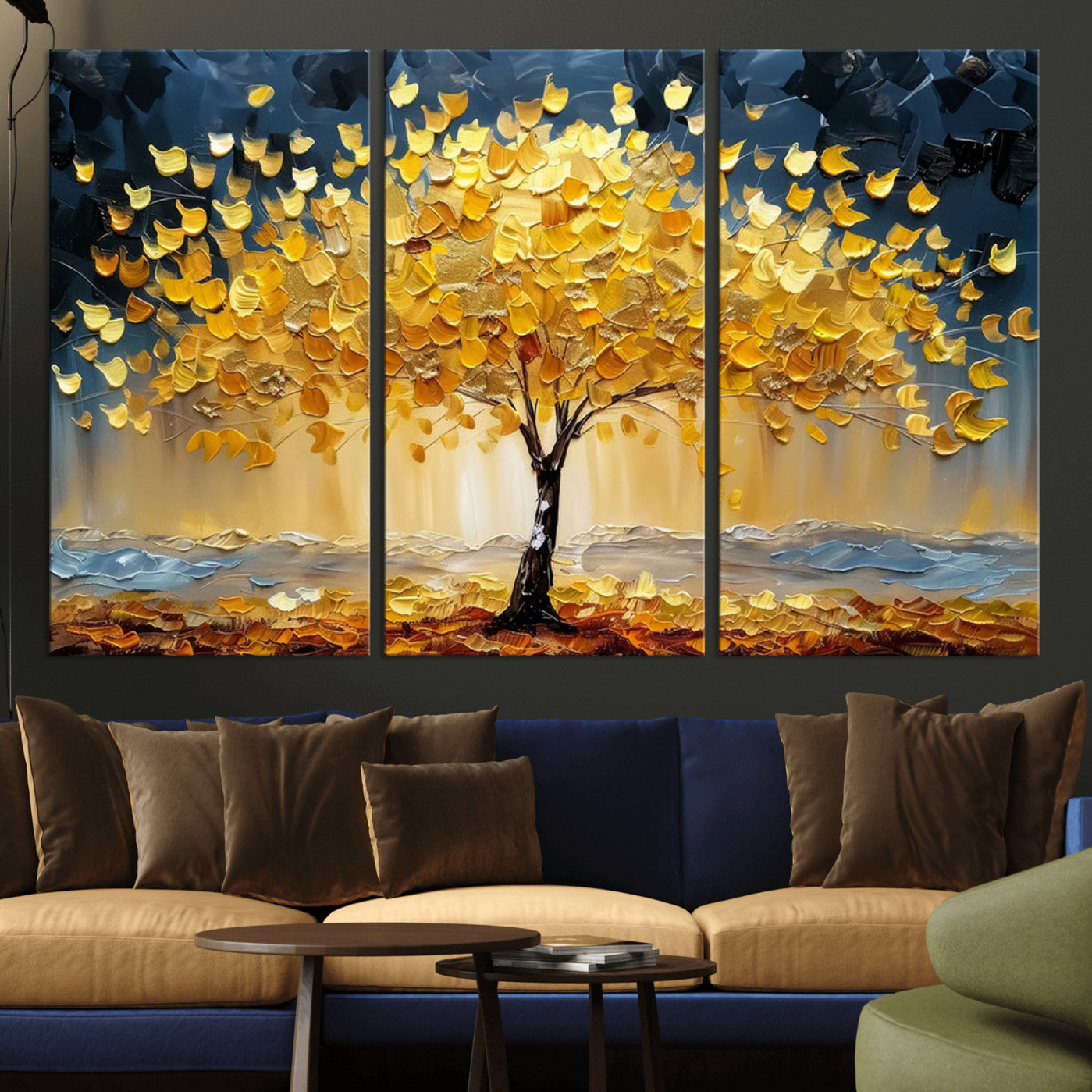45682-MGV-CV-36X24-Golden Autumn Tree Wall Art – Framed Fall Leaves Canvas Artwork, Vibrant Seasonal Design, Cozy Nature Decor for Home, Office