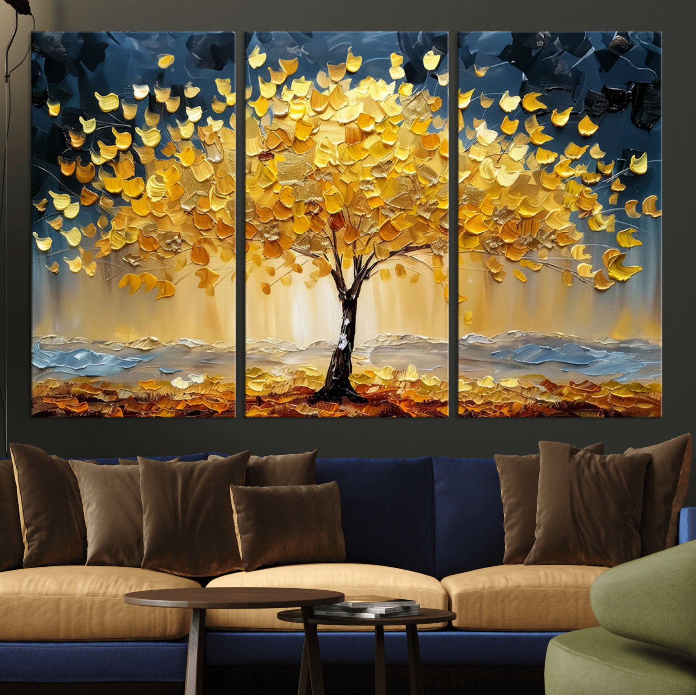 45682-MGV-CV-36X24-Golden Autumn Tree Wall Art – Framed Fall Leaves Canvas Artwork, Vibrant Seasonal Design, Cozy Nature Decor for Home, Office