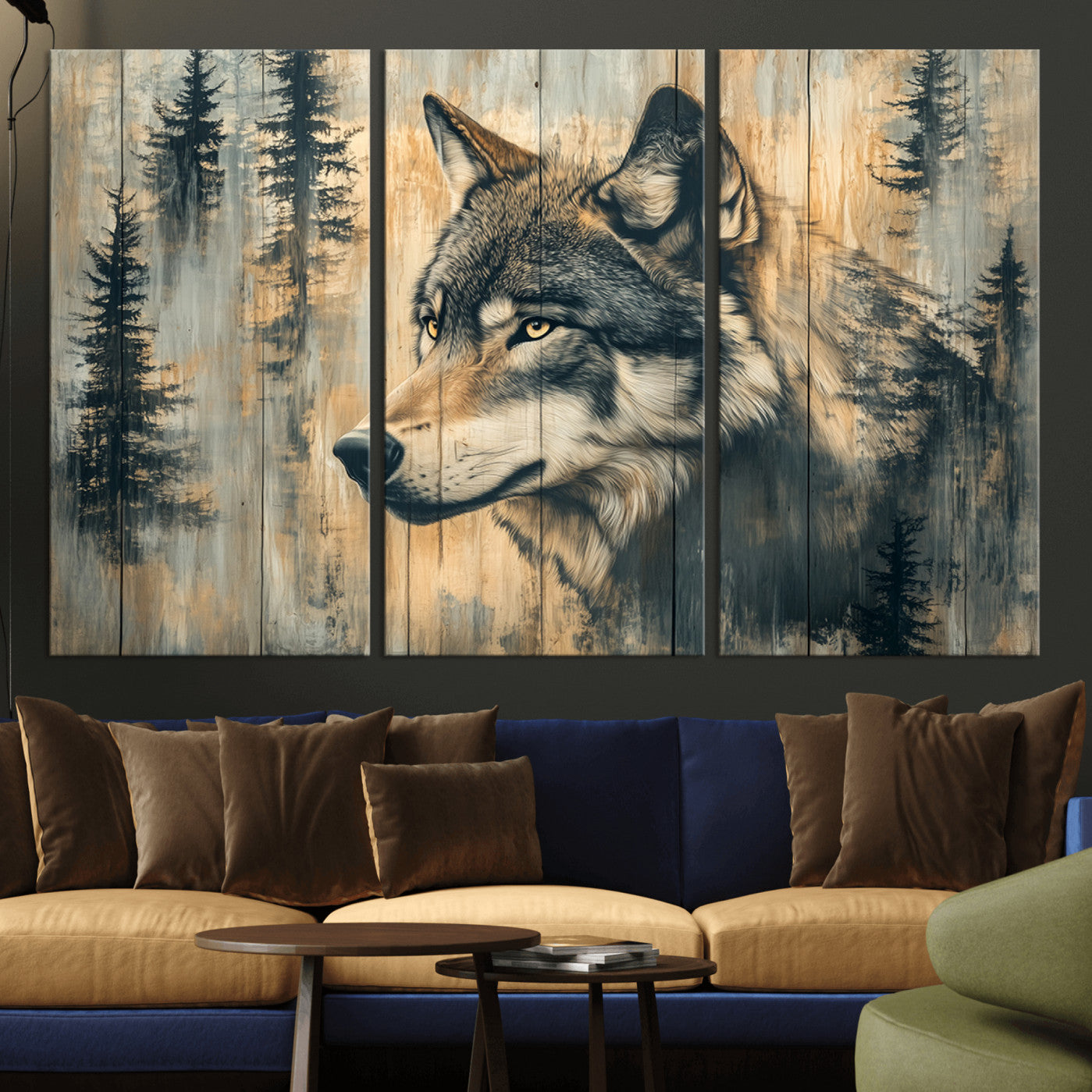 51892-MGV-CV-36X24-Wood Style Rustic Wolf Wall Art Canvas Print, Vintage Woodland Wolf Wall Art, Framed Wood Style Wolf