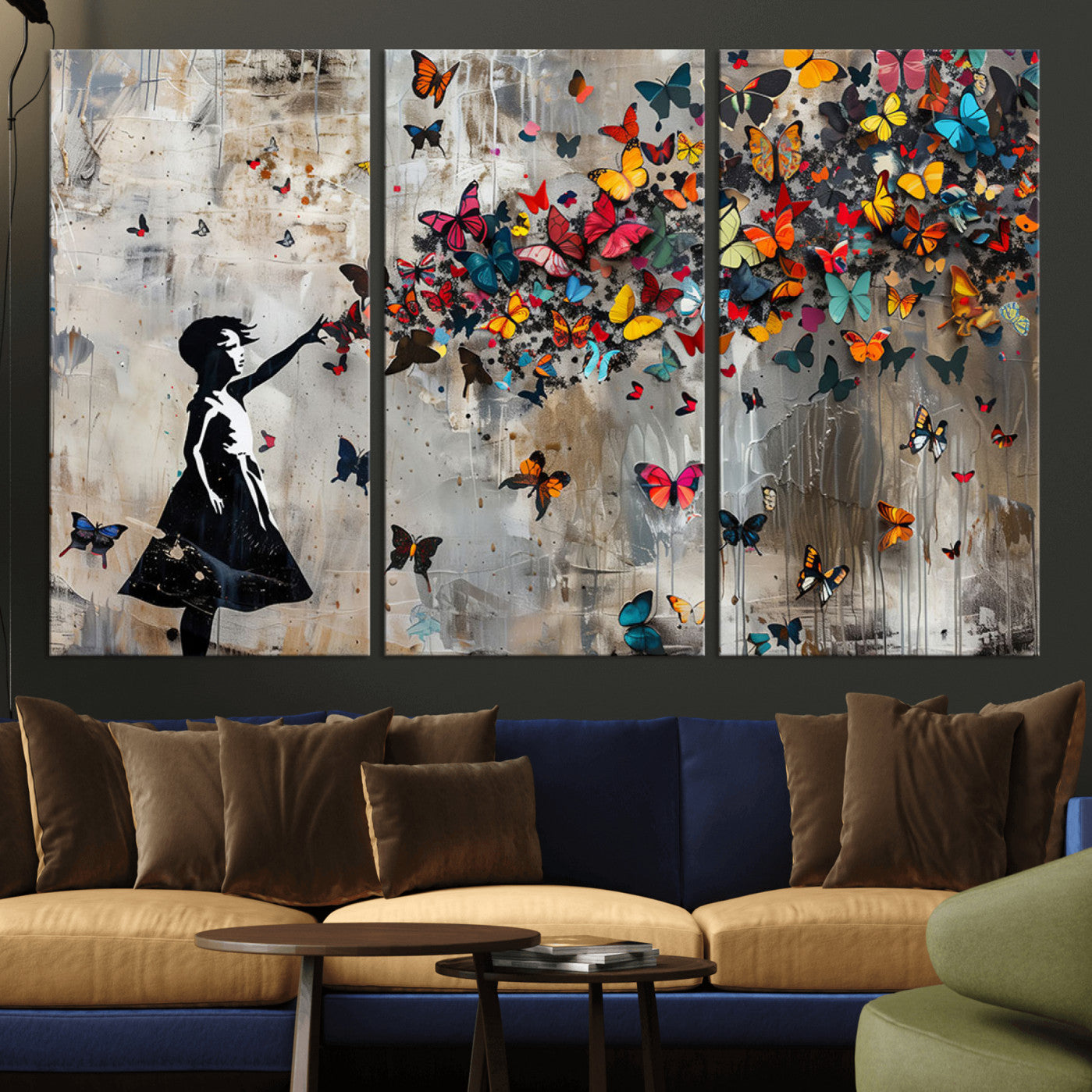 51446-MGV-CV-36X24 - Framed Banksy Butterfly Girl Wall Art ,3-Piece Butterfly Girl Canvas, Modern Graffiti Canvas Print