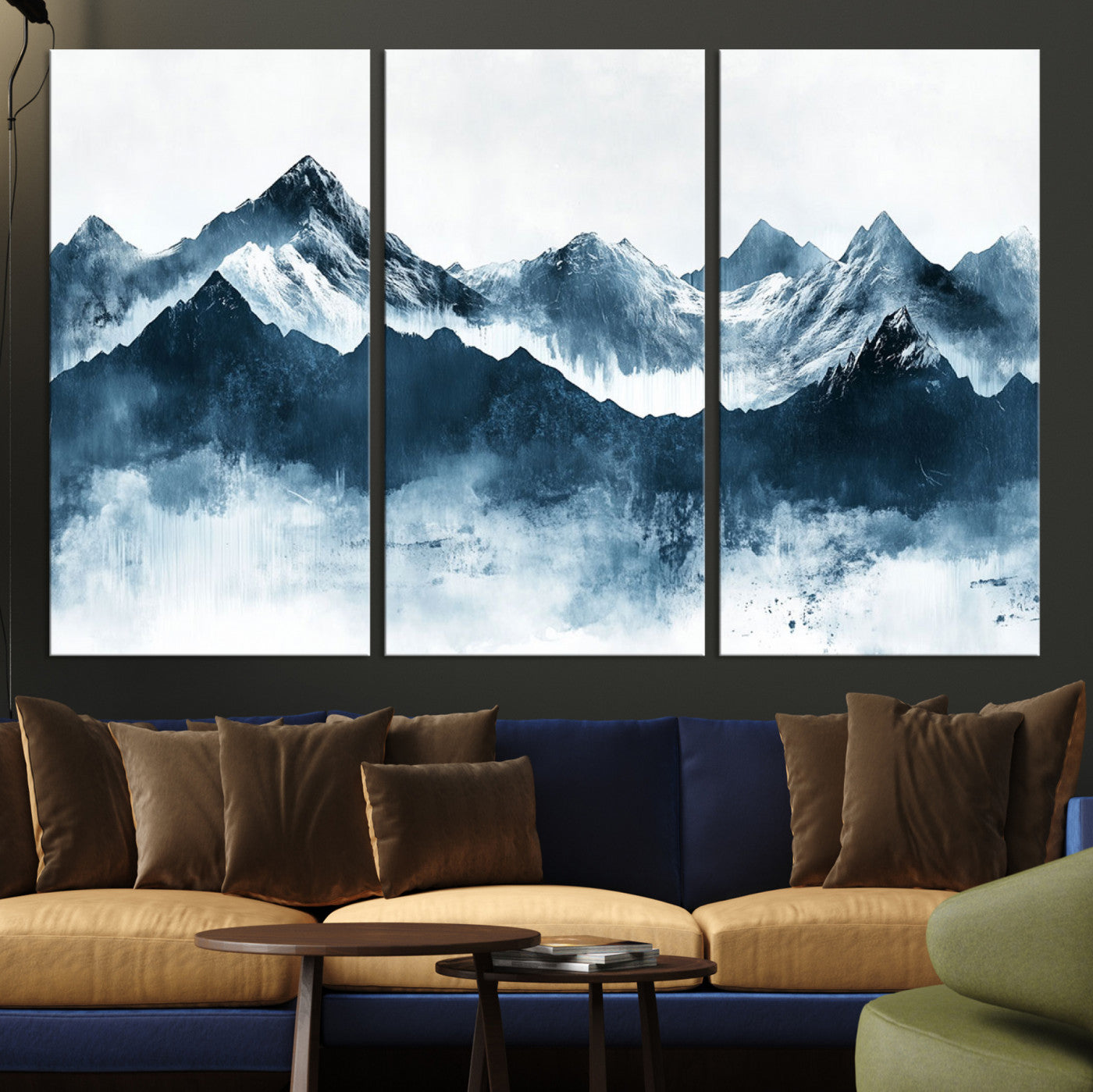 Abstract blue-toned canvas of snowy mountains in misty tones, ideal for minimalist or moody alpine-inspired home decor.