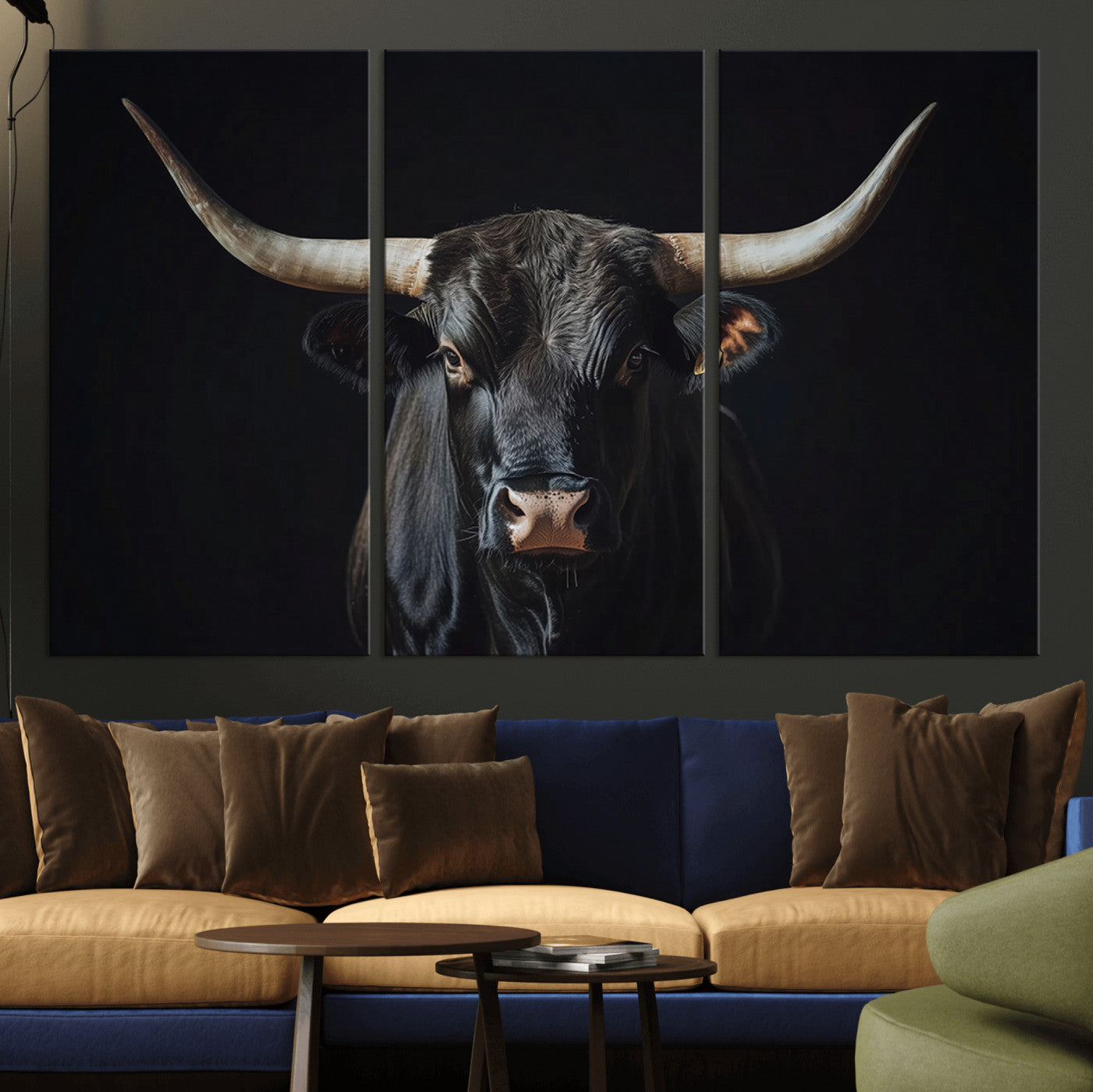 48065167-MGV-CV-36X24-Black Bull Wall Art – Framed Longhorn Canvas Artwork, Western Cattle Design, Rustic Ranch Style Decor for Home, Office