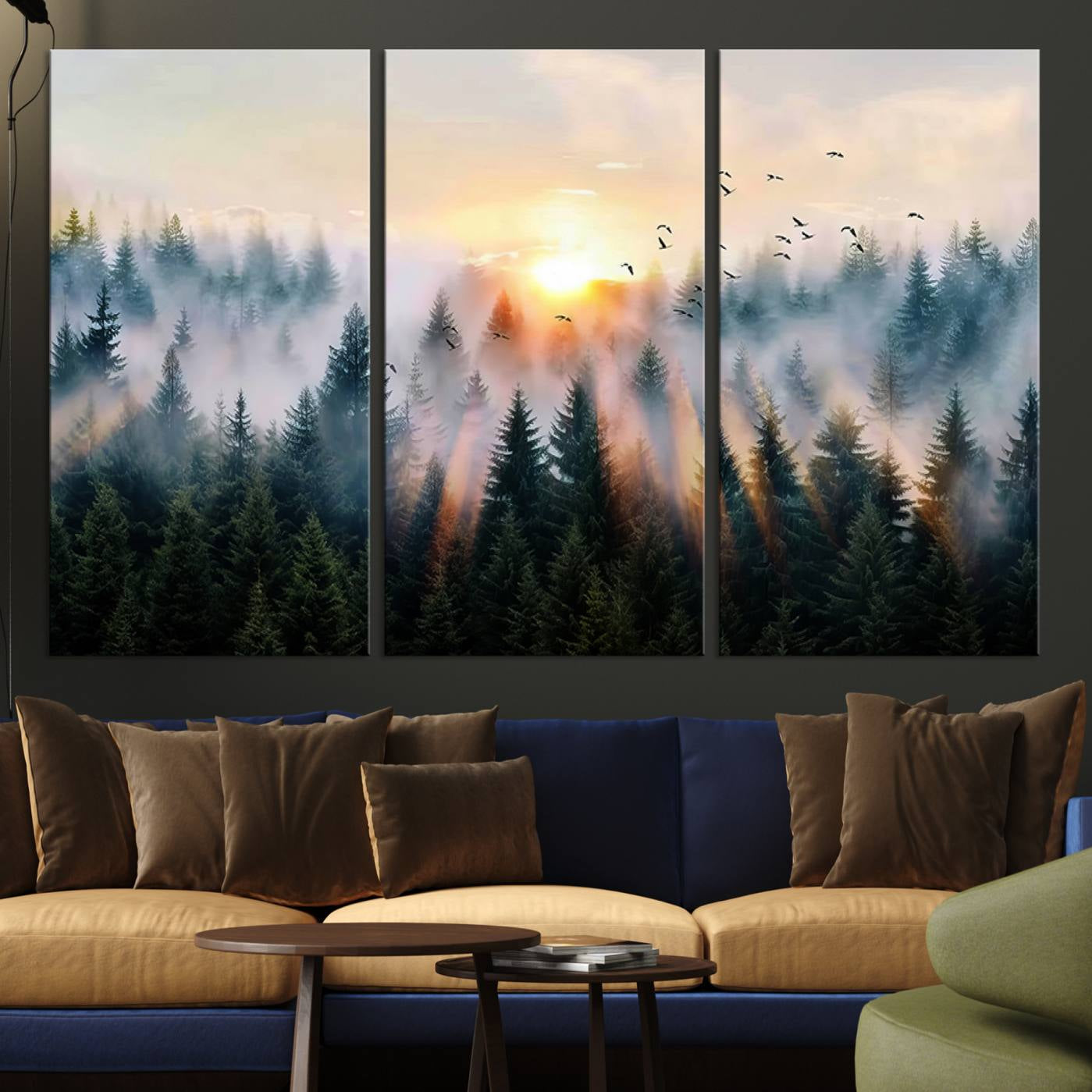 Canvas of a misty pine forest at sunrise with birds flying through golden morning rays, perfect for serene and moody woodland-style home decor.