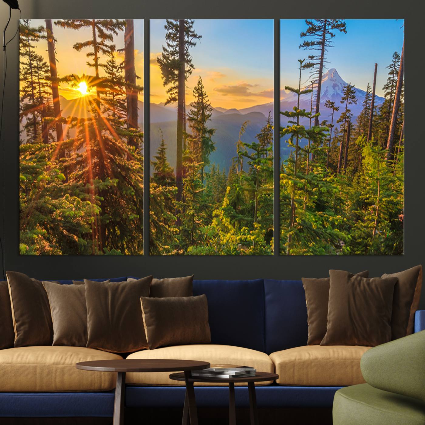 83544043-MGV-CV-48X32-3P-Forest Sunset Wall Art Canvas Print, Glowing Evening Light Through Green Pines and Trees Artwork for Home, Office