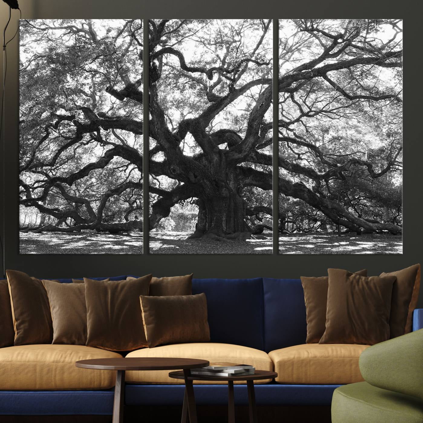 Black and white canvas of an ancient oak tree with sprawling, twisted branches, ideal for moody nature-inspired or rustic decor.