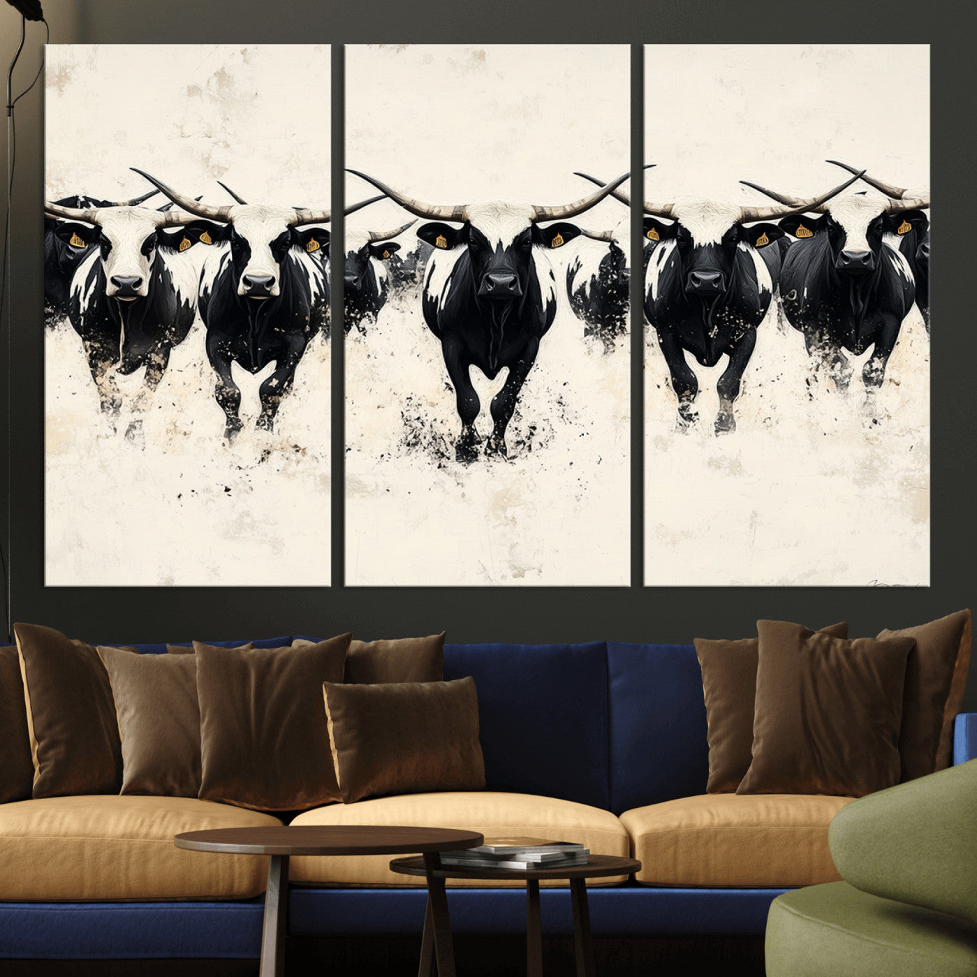 MGV-CV-48X32-3P - Longhorn Cattle Wall Art – Canvas Print of Herd in Motion, Symmetry and Ink Splatter, Minimalist Western Ranch, Bold Rustic Farm Decor