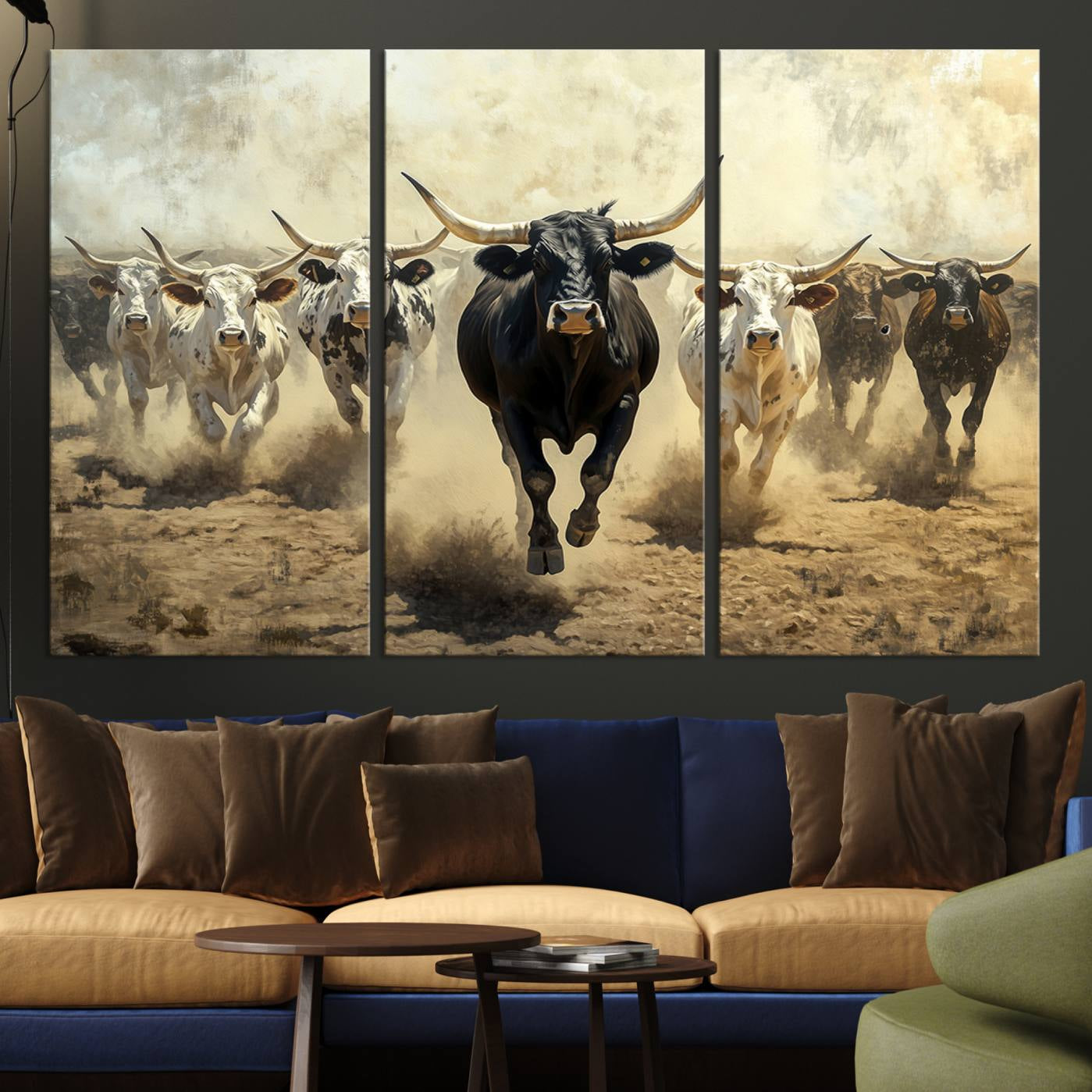 Dynamic canvas showing a Texas Longhorn stampede with earthy tones and bold movement, perfect for rustic or Western-style interiors.