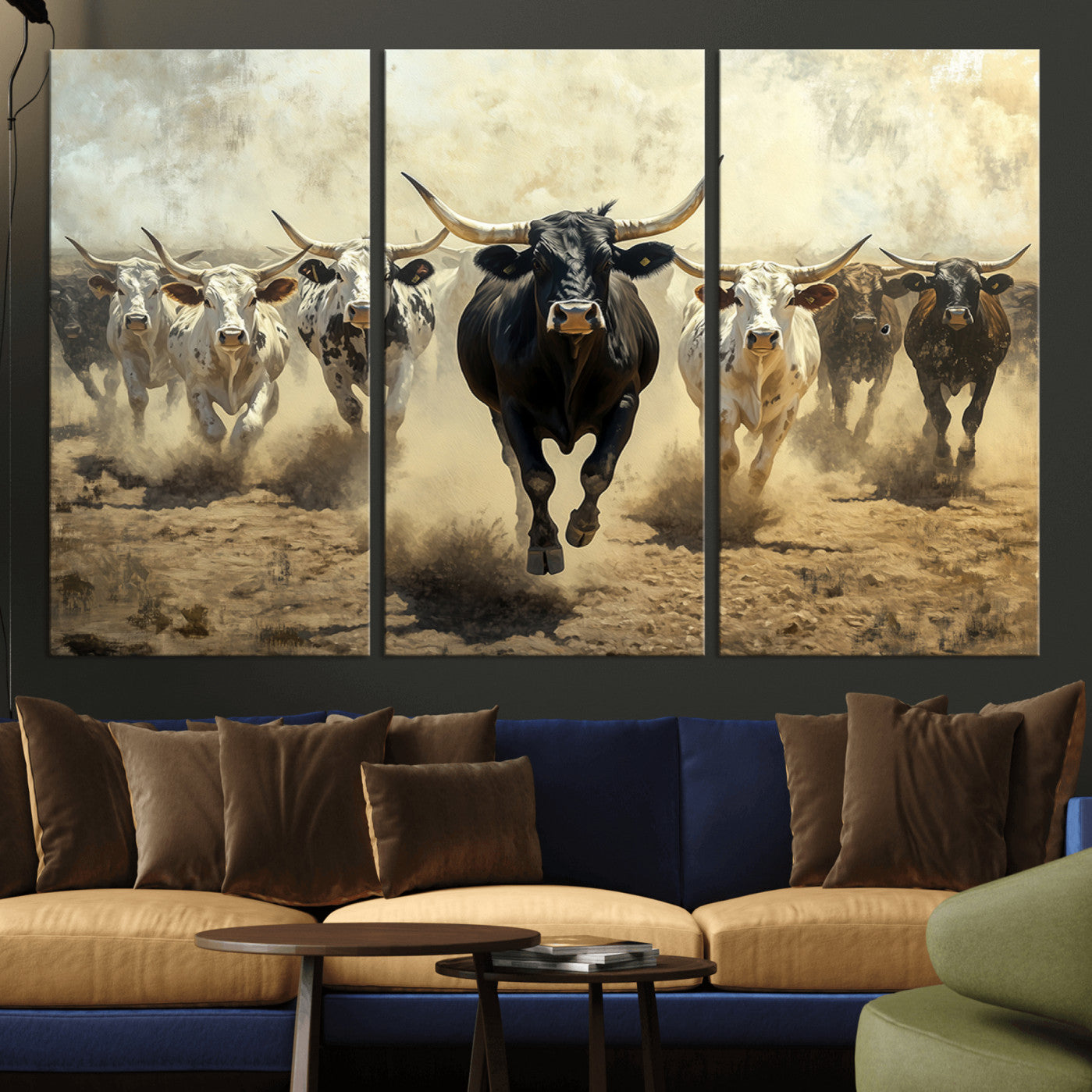 MGV-CV-48X32-3P - Running Cattle Wall Art – Canvas Print of Western Herd, Dust Stampede, Longhorns, Wild West Ranch, Bold Rustic Farm Decor for Home or Office