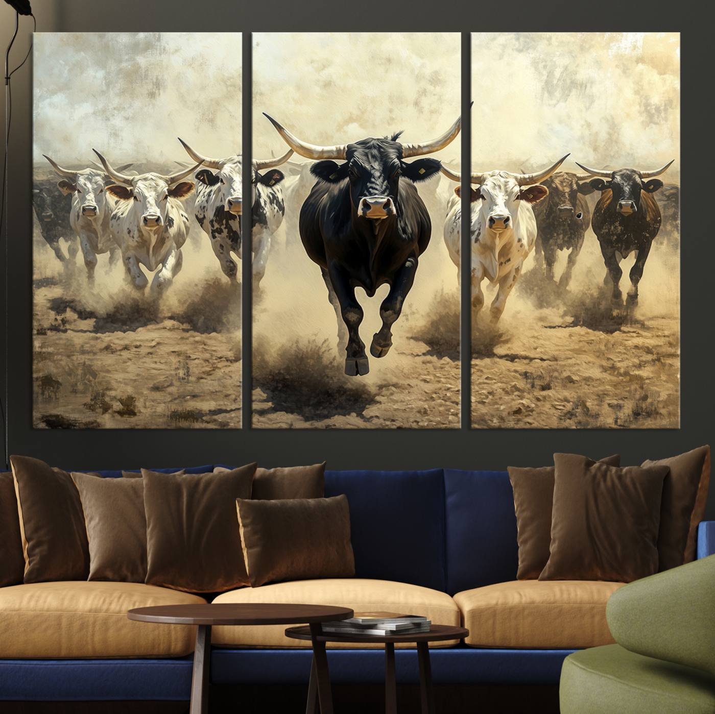 Dynamic canvas showing a Texas Longhorn stampede with earthy tones and bold movement, perfect for rustic or Western-style interiors.
