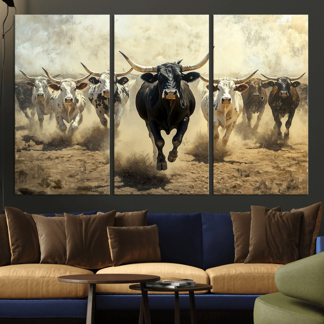 Texas Longhorn Wall Art | Framed Charging Cattle Canvas