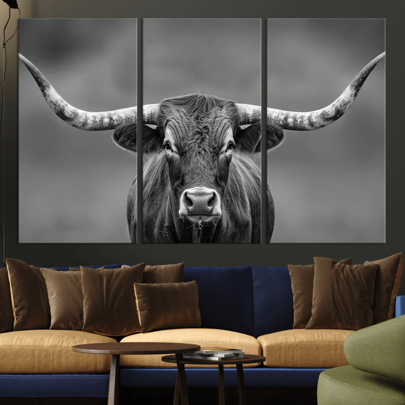 81228550-MGV-CV-36X24-Texas Longhorn Wall Art Canvas Print – Framed Western Bull Ranch Photography Rustic Country Farm Decor Artwork for home, office
