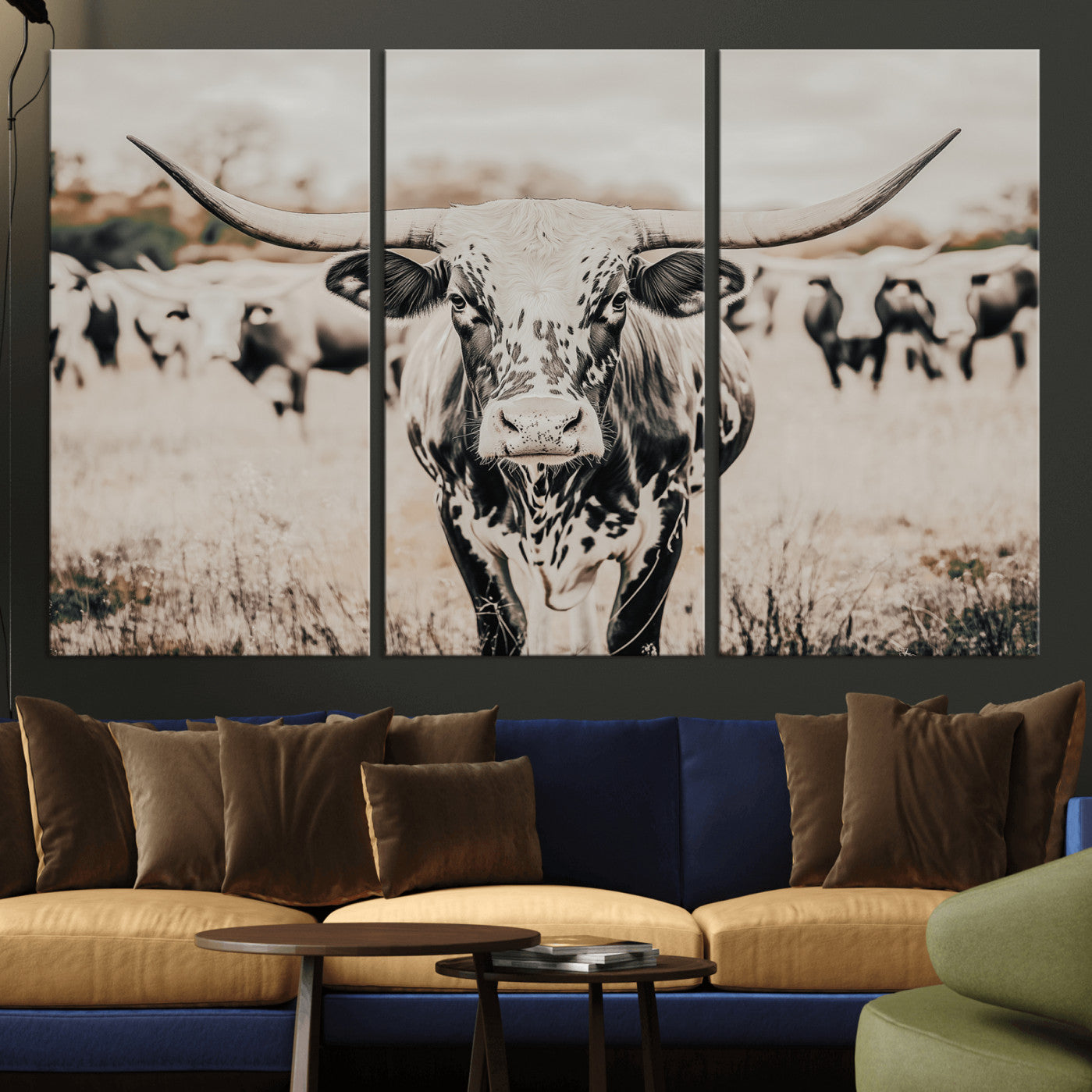 27497342-MGV-CV-36X24-Texas Longhorn Wall Art Canvas Print – Framed Speckled Bull Horned Cattle Rustic Western Artwork for Home Office