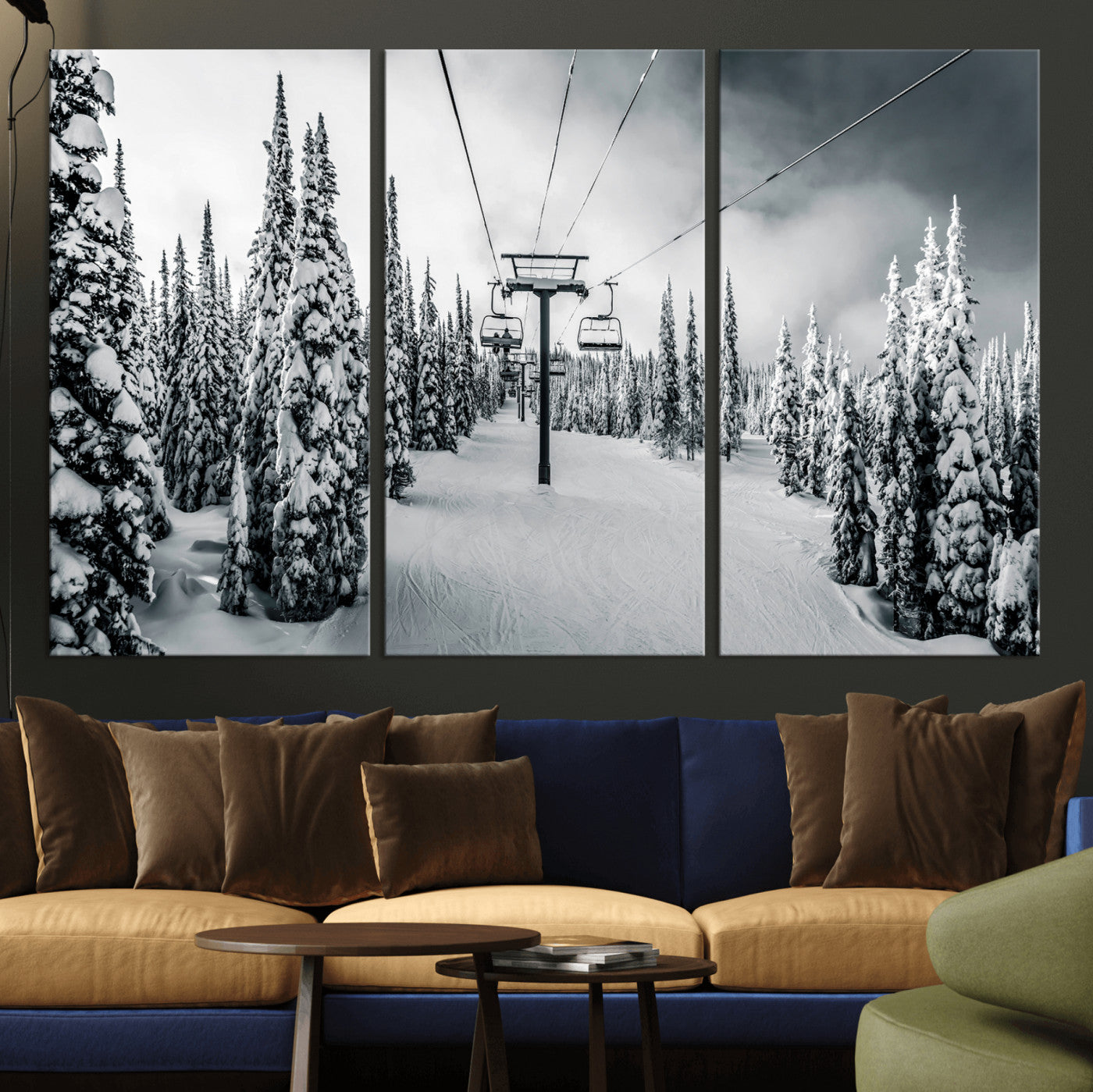 31156828-MGV-CV-36X24-Snowy Pines Wall Art Canvas Print – Framed Ski Lift Winter Forest Snowy Landscape Moody Lodge Artwork for Home, Office