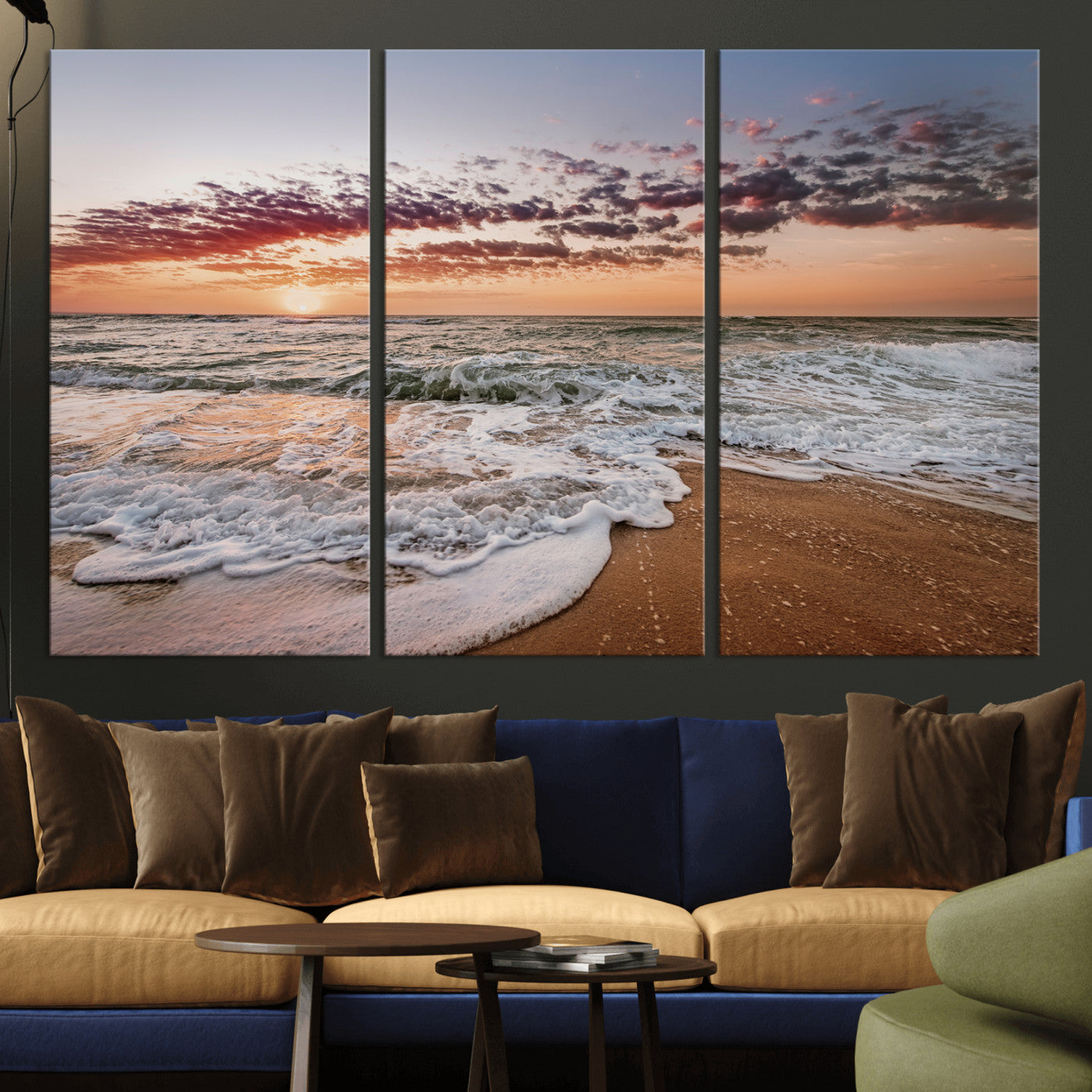 39846389-MGV-CV-36X24-Ocean Sunset Wall Art Canvas Print – Framed Sandy Shore Gentle Waves Coastal Landscape Minimalist Artwork for Home, Office