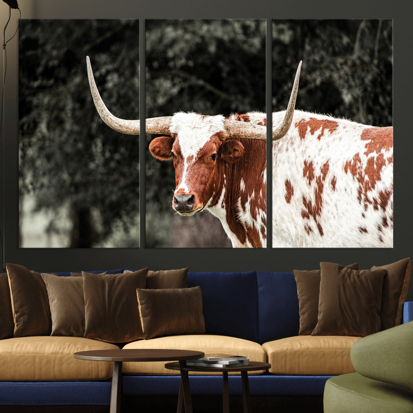 54027638-MGV-CV-36X24-Texas Longhorn Wall Art Canvas Print – Framed Spotted Bull Horned Cattle Rustic Western Decor Artwork for Home, Office