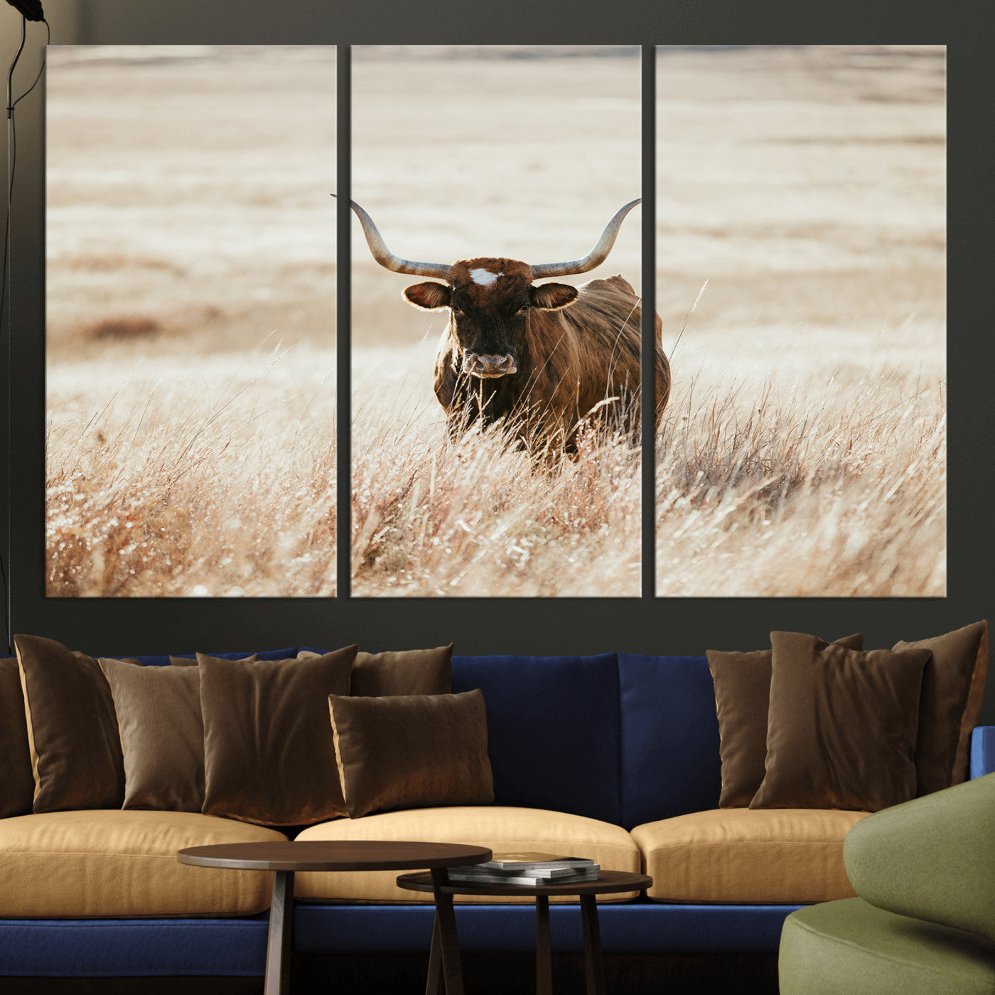 -Texas Longhorn Wall Art Canvas Print, Framed Brown Cattle Art Picture Print, Horned Bull Perfect Rustic Western Decor Artwork
