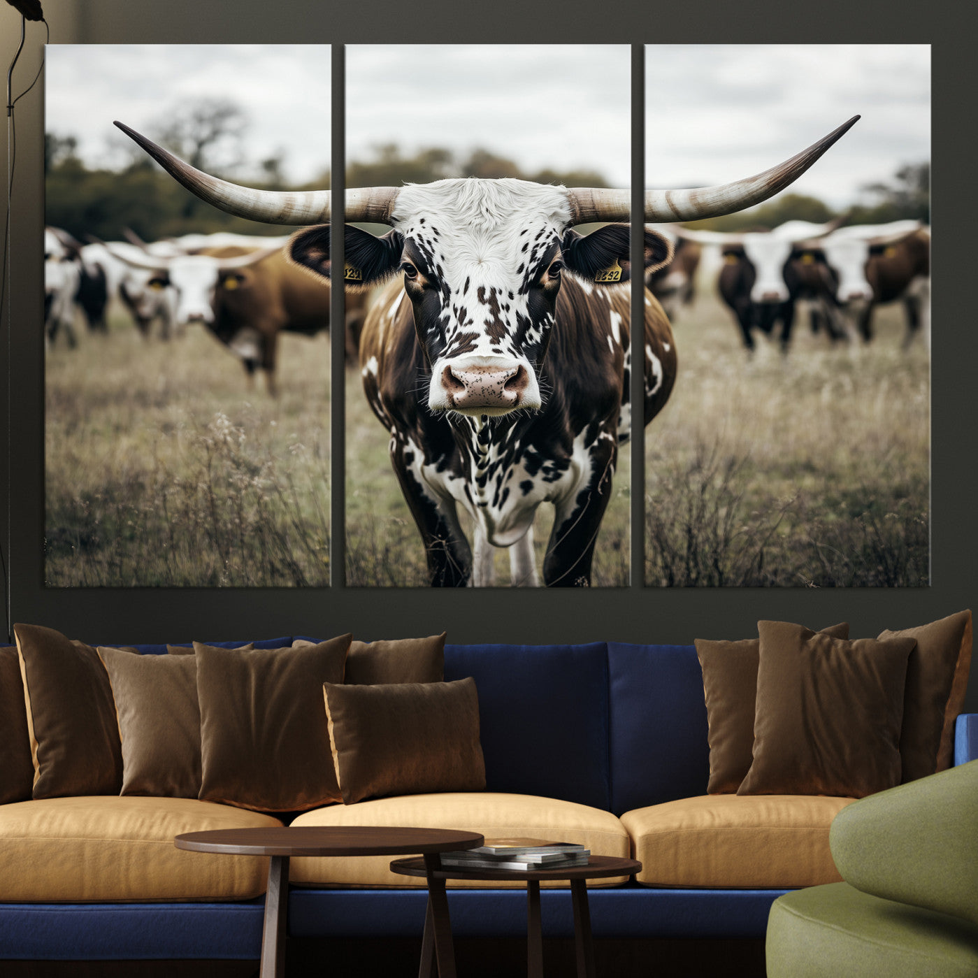 Canvas of a speckled Texas longhorn standing boldly in a field with a herd behind, perfect for rustic western or farmhouse wall decor.