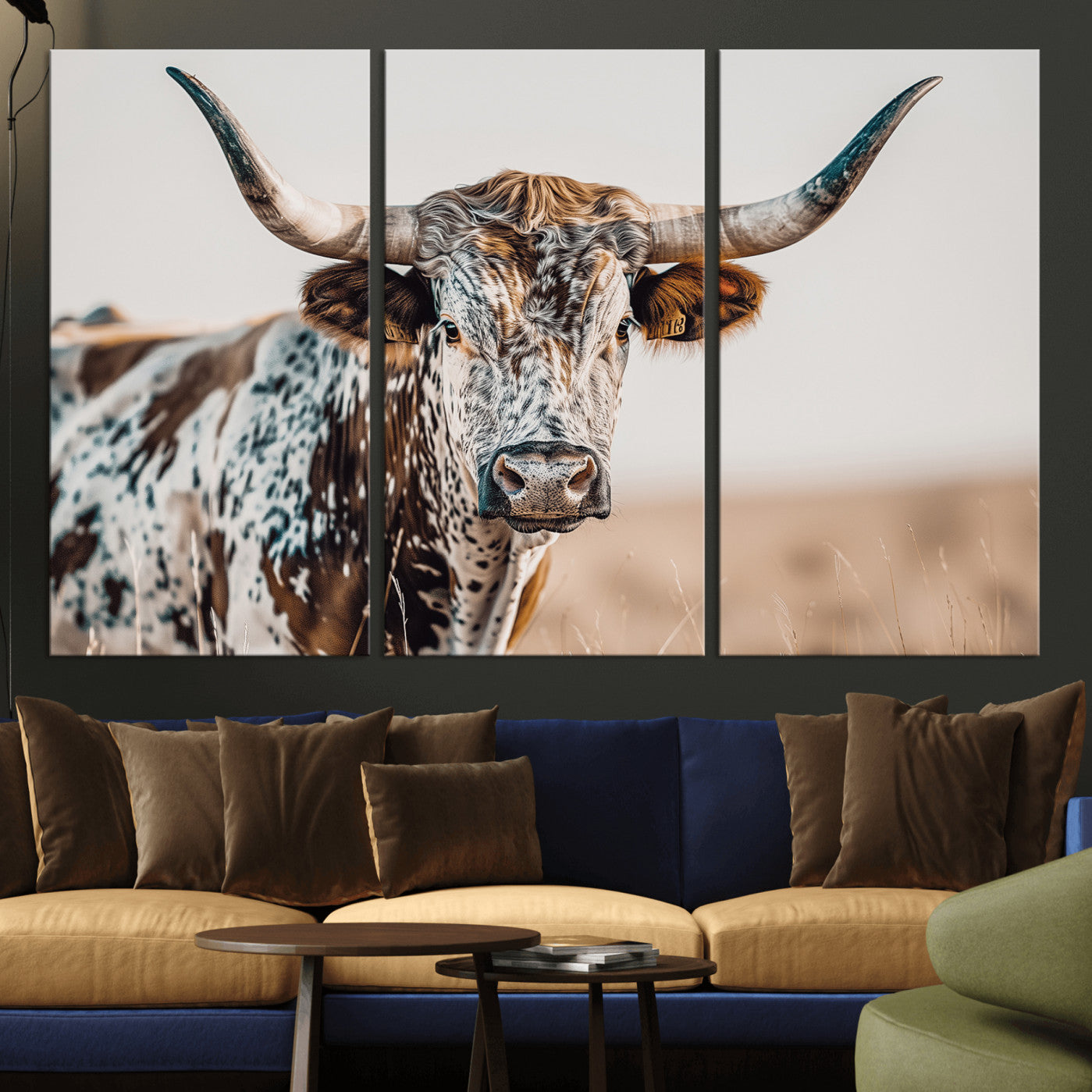 70414966-MGV-CV-48X32-3P - Majestic Longhorn Wall Art – Canvas Print of Strong Stance Intricate Fur & Sharp Horns Rustic Elegance & Timeless Wild Beauty Decor for Living Room, Office or Bedroom