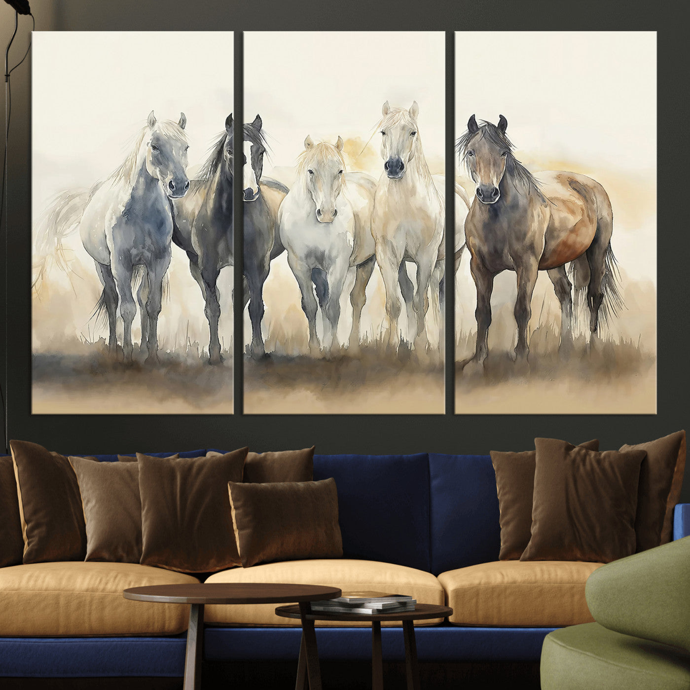 MGV-CV-48X32-3P - Wild Horses Wall Art Canvas Print, Framed Running Horses Art Picture Print, Watercolor Horses Perfect Rustic Western Decor Artwork