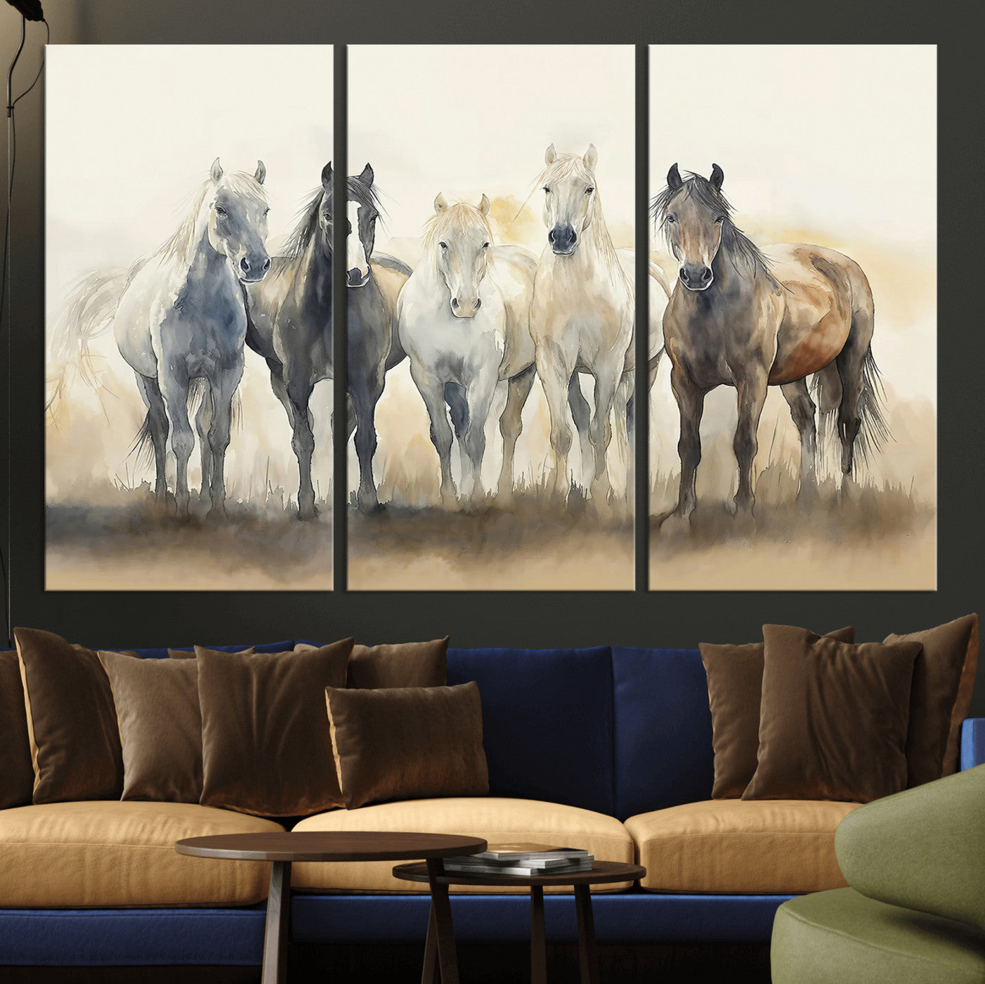 MGV-CV-48X32-3P - Wild Horses Wall Art Canvas Print, Framed Running Horses Art Picture Print, Watercolor Horses Perfect Rustic Western Decor Artwork