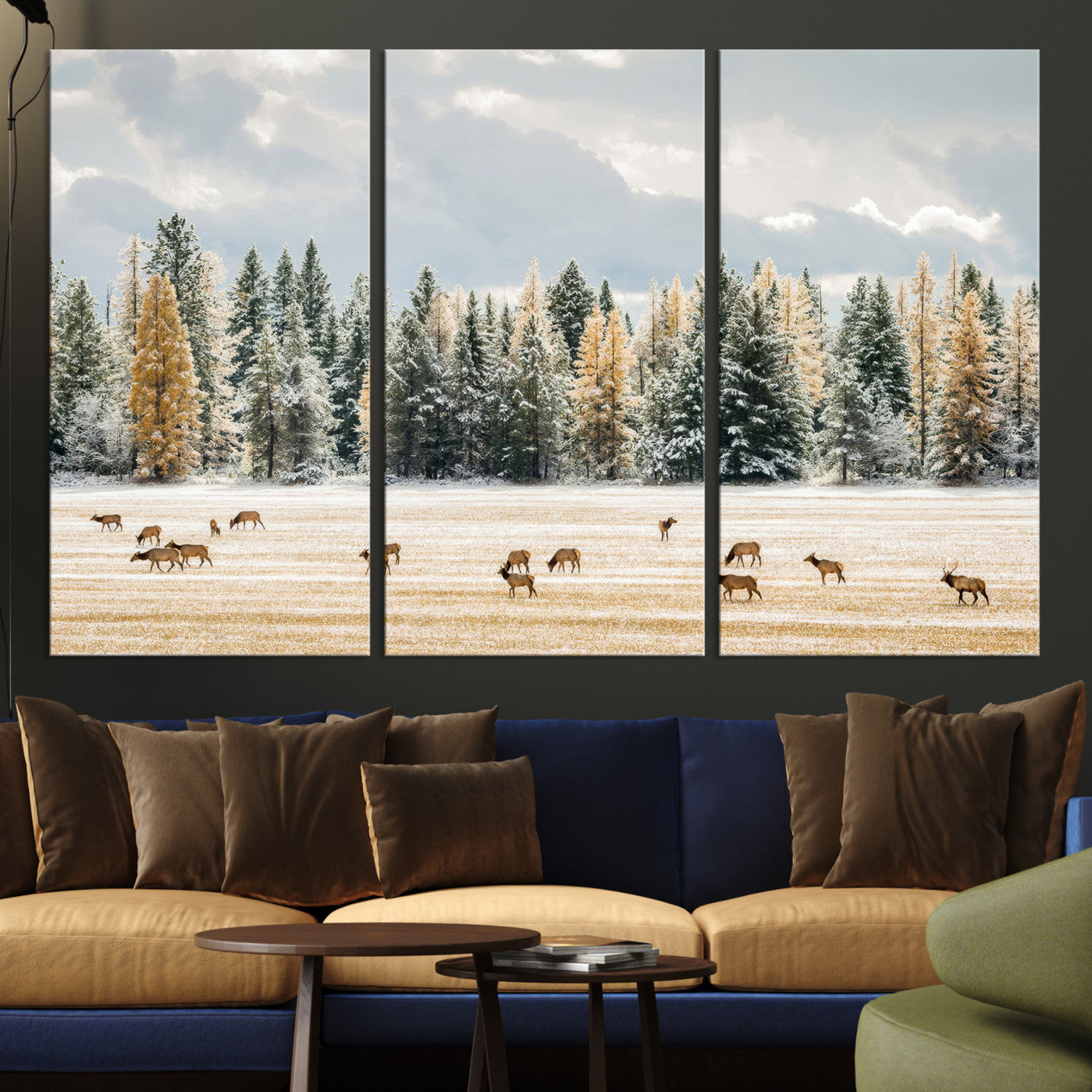 Elk herd in a snowy field with golden pine trees and frosted evergreens, ideal for neutral rustic or cabin-style home decor.