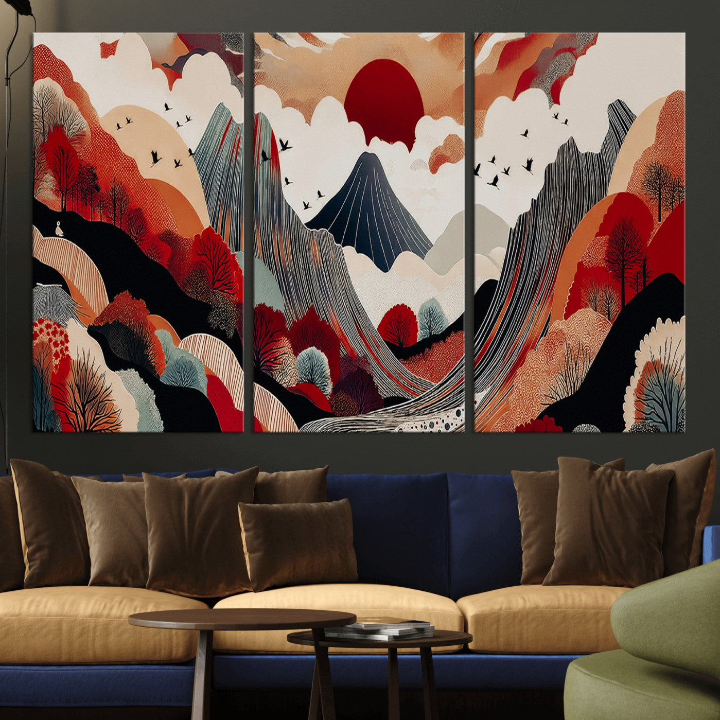 -Abstract Mountain Wall Art Canvas Print, Framed Vibrant Landscape Art Picture Print, Stylized Nature Drawing Perfect Contemporary Minimalist Decor Artwork