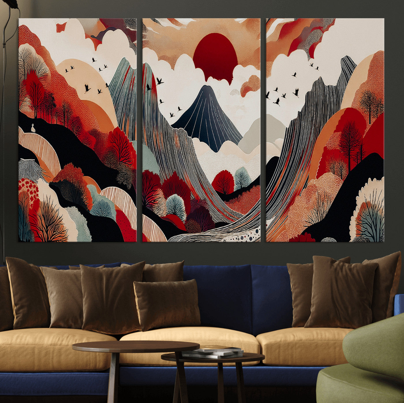 -Abstract Mountain Wall Art Canvas Print, Framed Vibrant Landscape Art Picture Print, Stylized Nature Drawing Perfect Contemporary Minimalist Decor Artwork