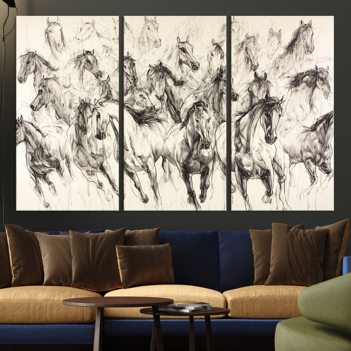 19433417-MGV-CV-36X24-Running Horses Wall Art Canvas Print – Framed Galloping Herd Dynamic Equestrian Sketch Nature Artwork for Home Office