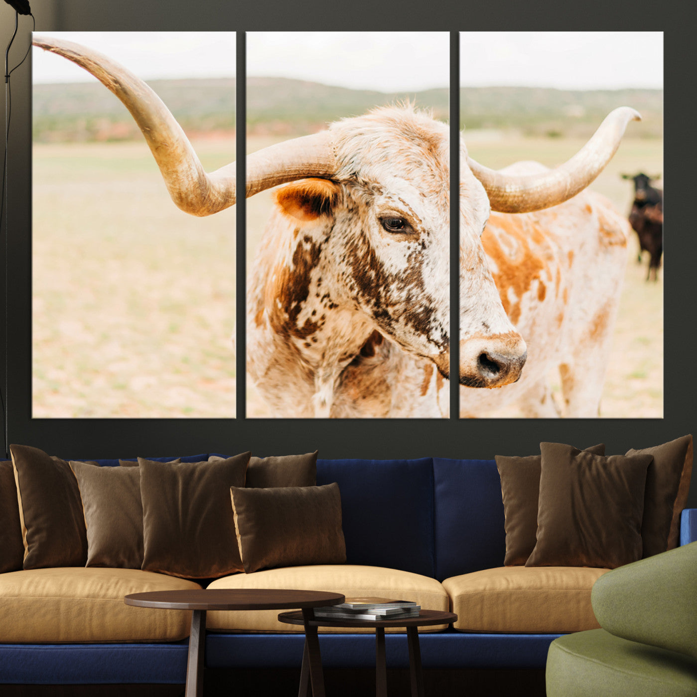 -Texas Longhorn Wall Art Canvas Print, Framed Speckled Cow Art Picture Print, Rustic Bull Perfect