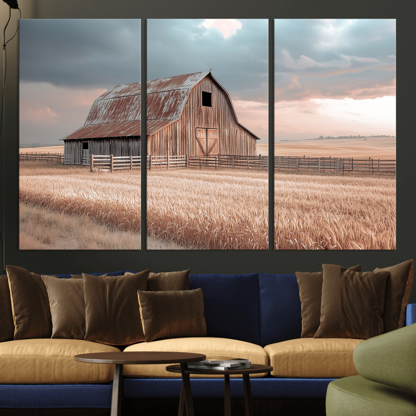 36878364-MGV-CV-48X32-3P-Rustic Barn Wall Art Canvas Print, Framed Wheat Field Art Picture Print, Sunset Barn Perfect Vintage Farmhouse Decor Artwork